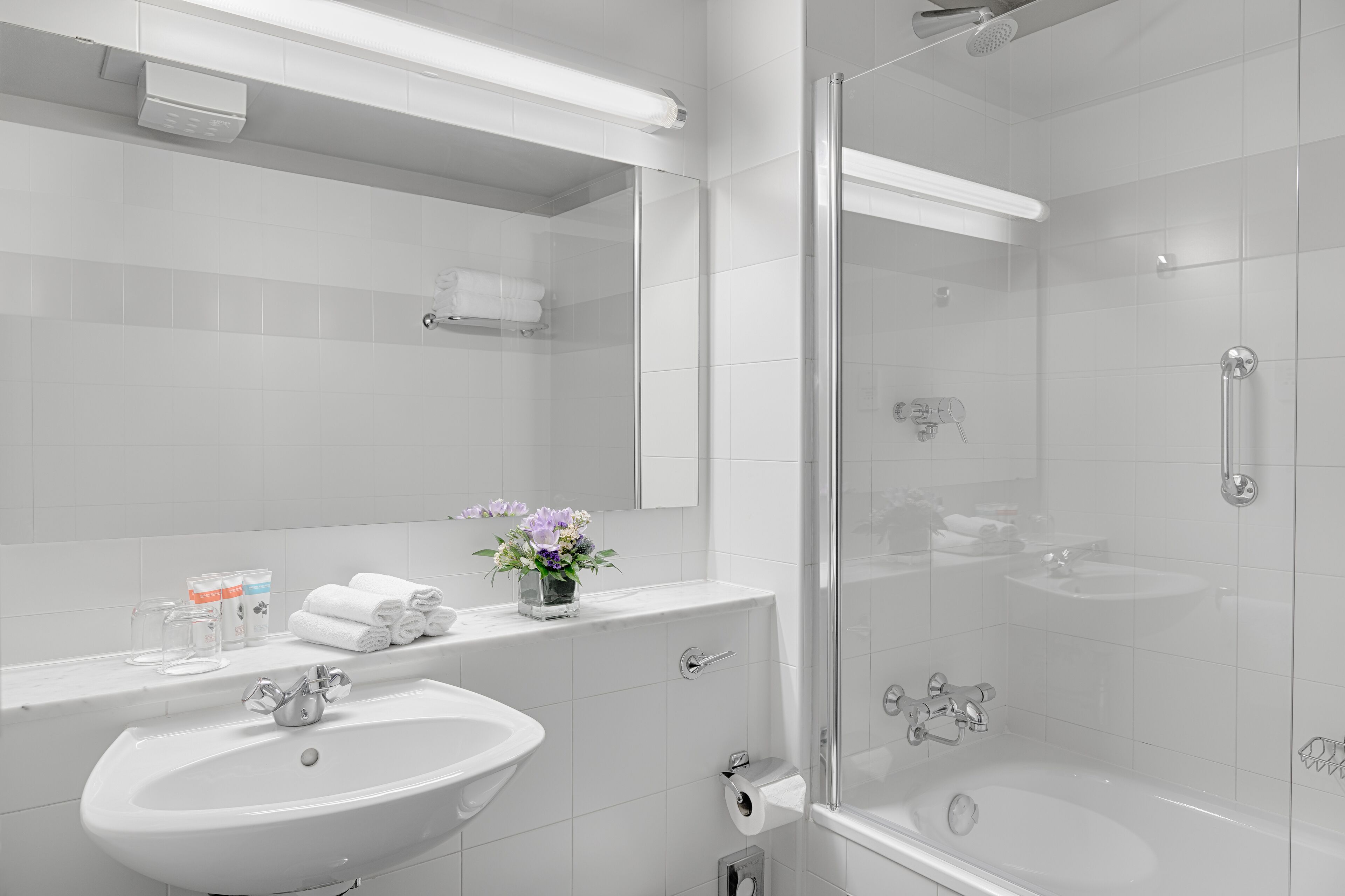 combined shower/bathtub, hair dryer, towels