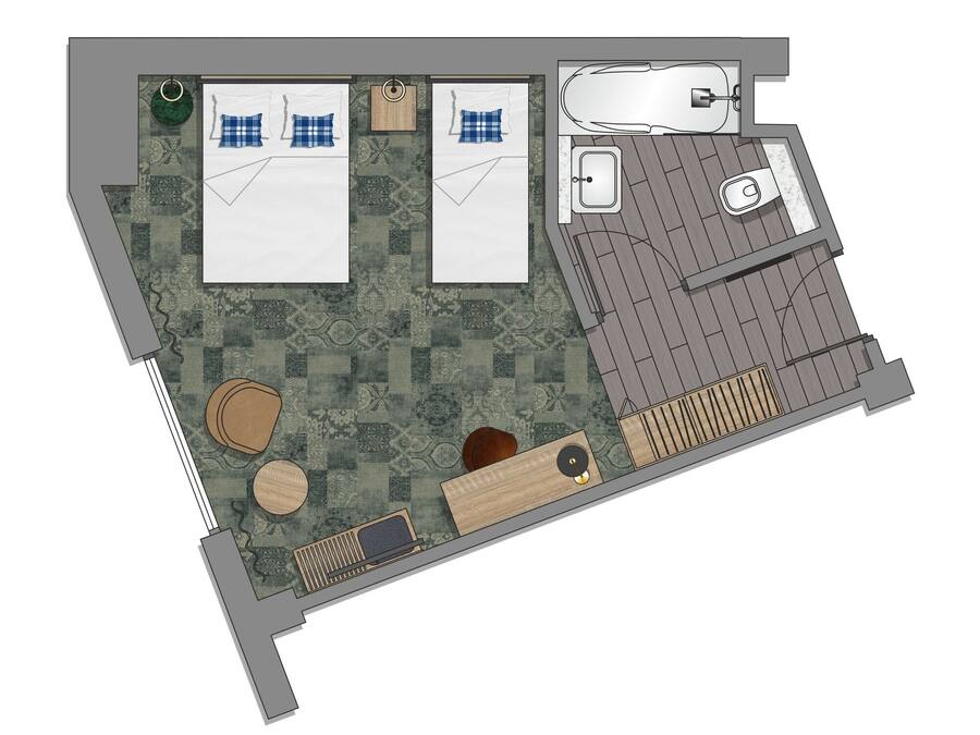 Distribución de una habitación de hotel con dos camas, baño, un espacio de descanso pequeño y ducha.