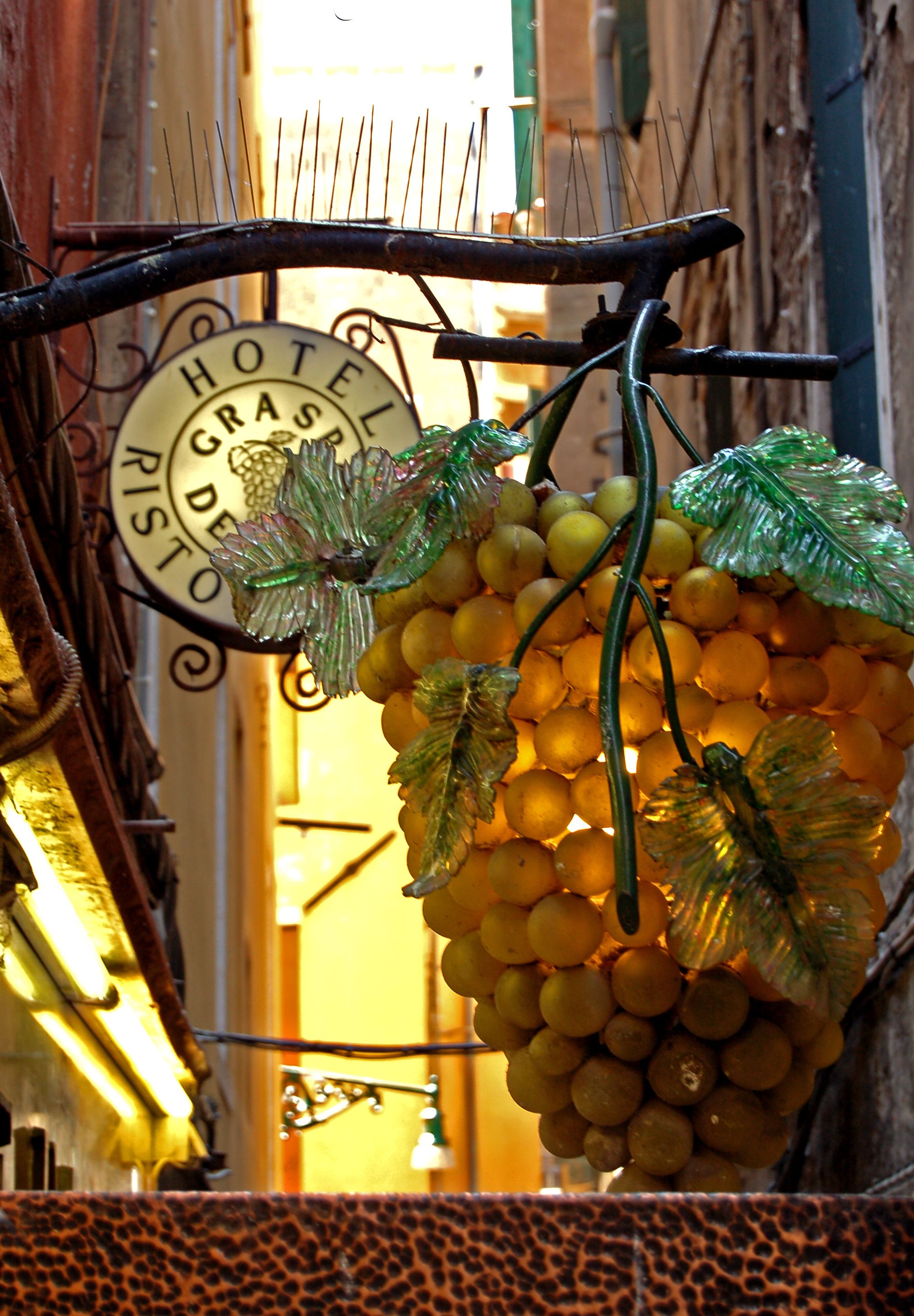 A hotel sign with a grape bunch hanging below it.