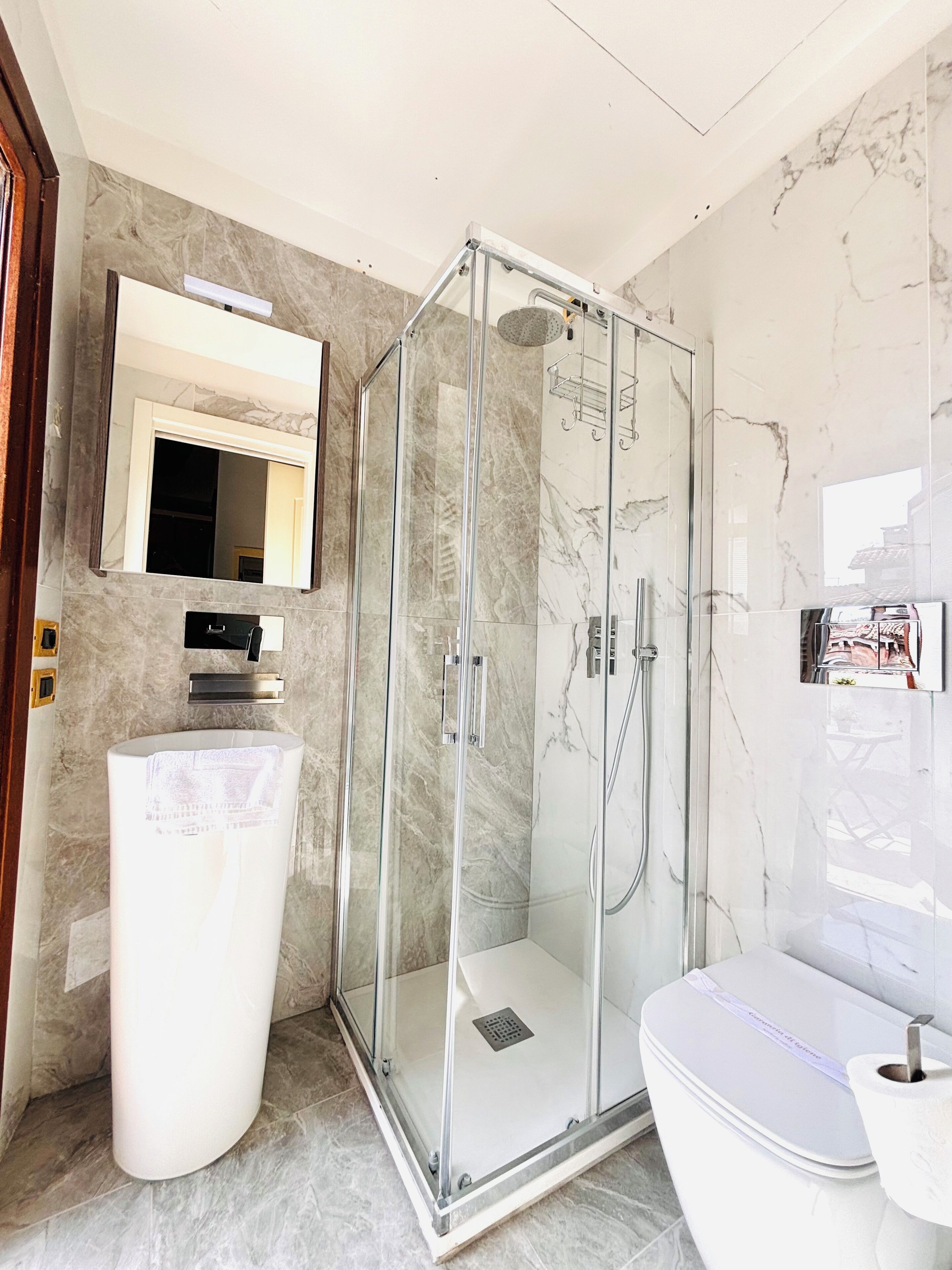 A modern bathroom with a glass-enclosed shower, a white sink, and a toilet.