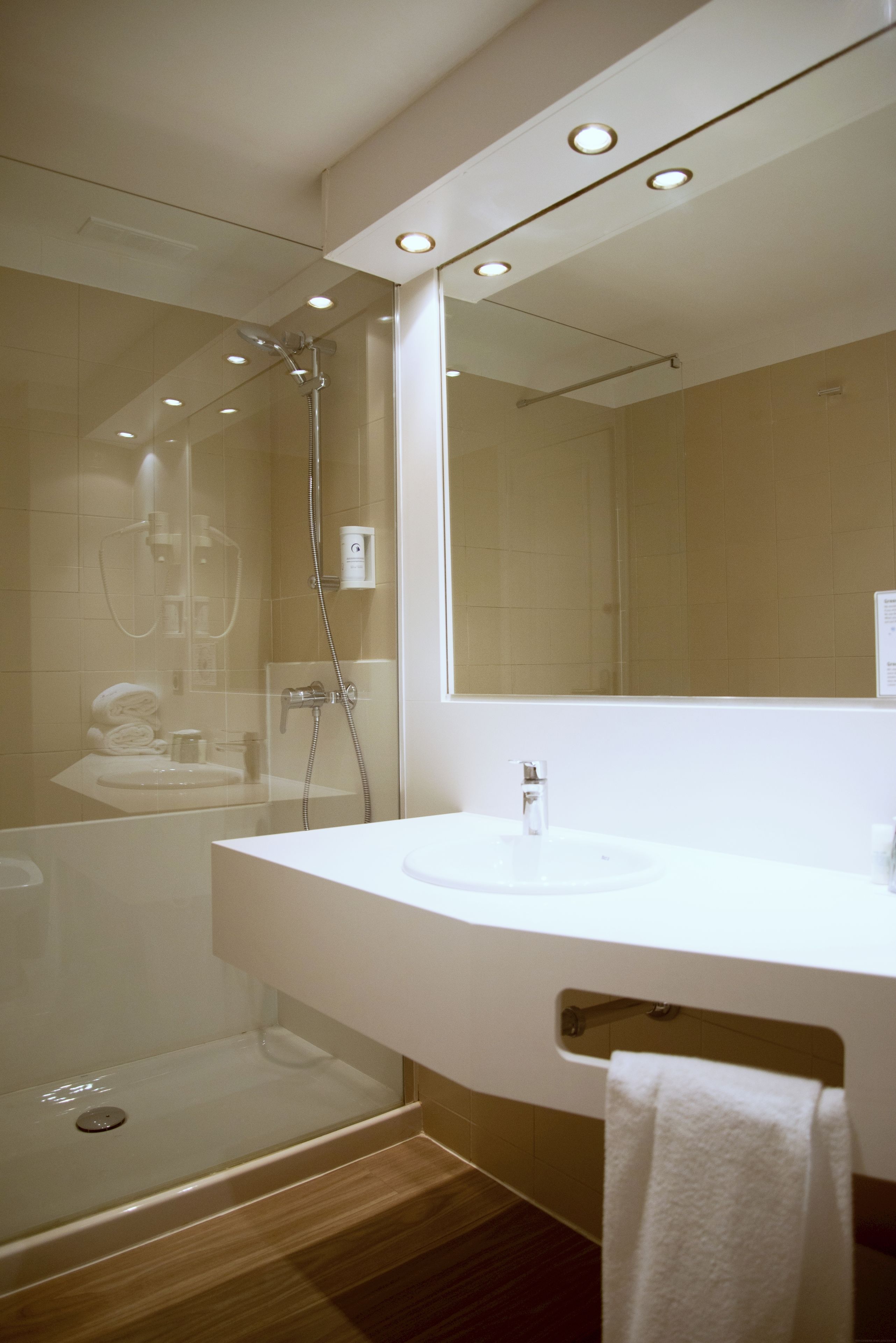 Une salle de bain moderne avec une douche à parois de verre, un lavabo blanc et un grand miroir.