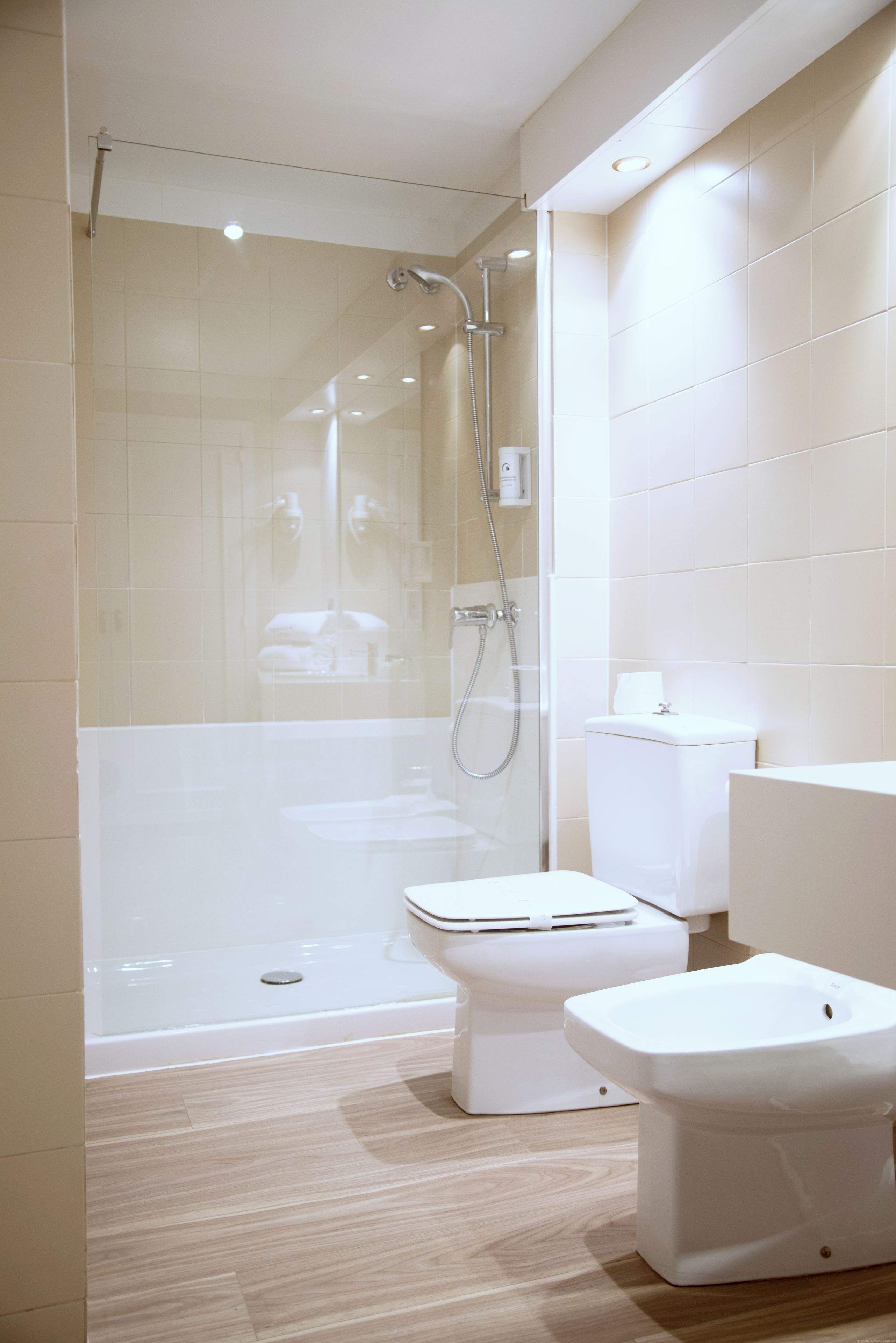 Un baño moderno con ducha envuelta en vidrio, inodoro y bidé.