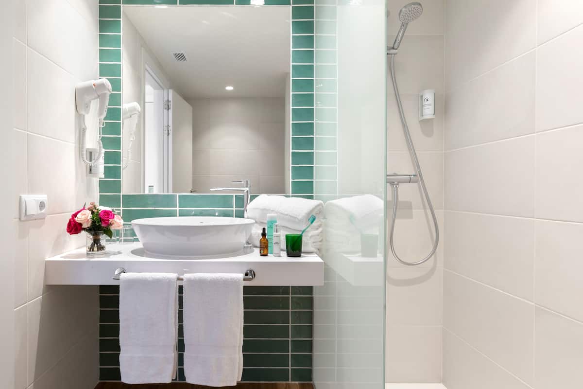 shower, free toiletries, hair dryer, towels