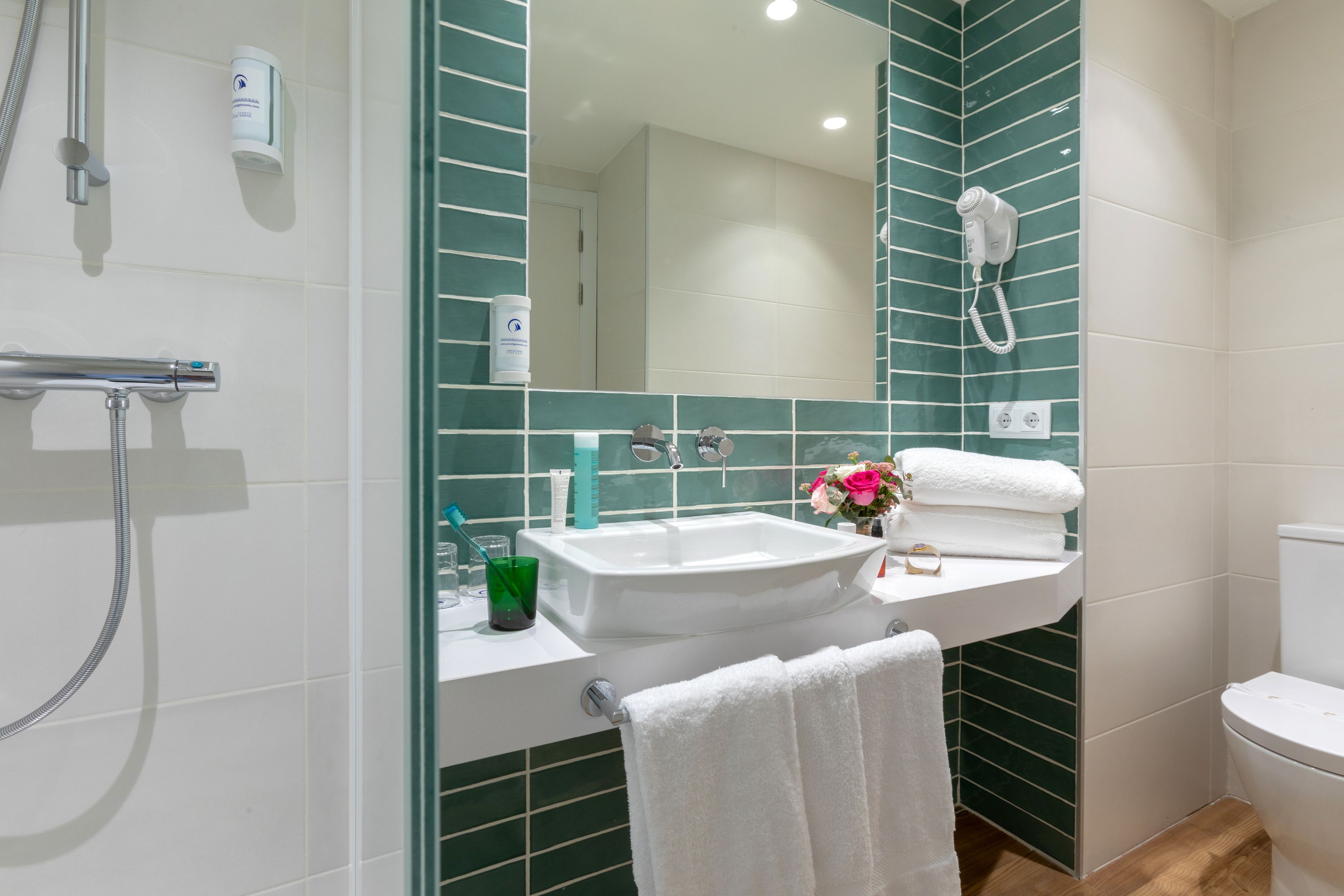 shower, free toiletries, hair dryer, towels