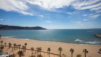 Una playa con palmeras, cielo despejado y mar tranquilo.