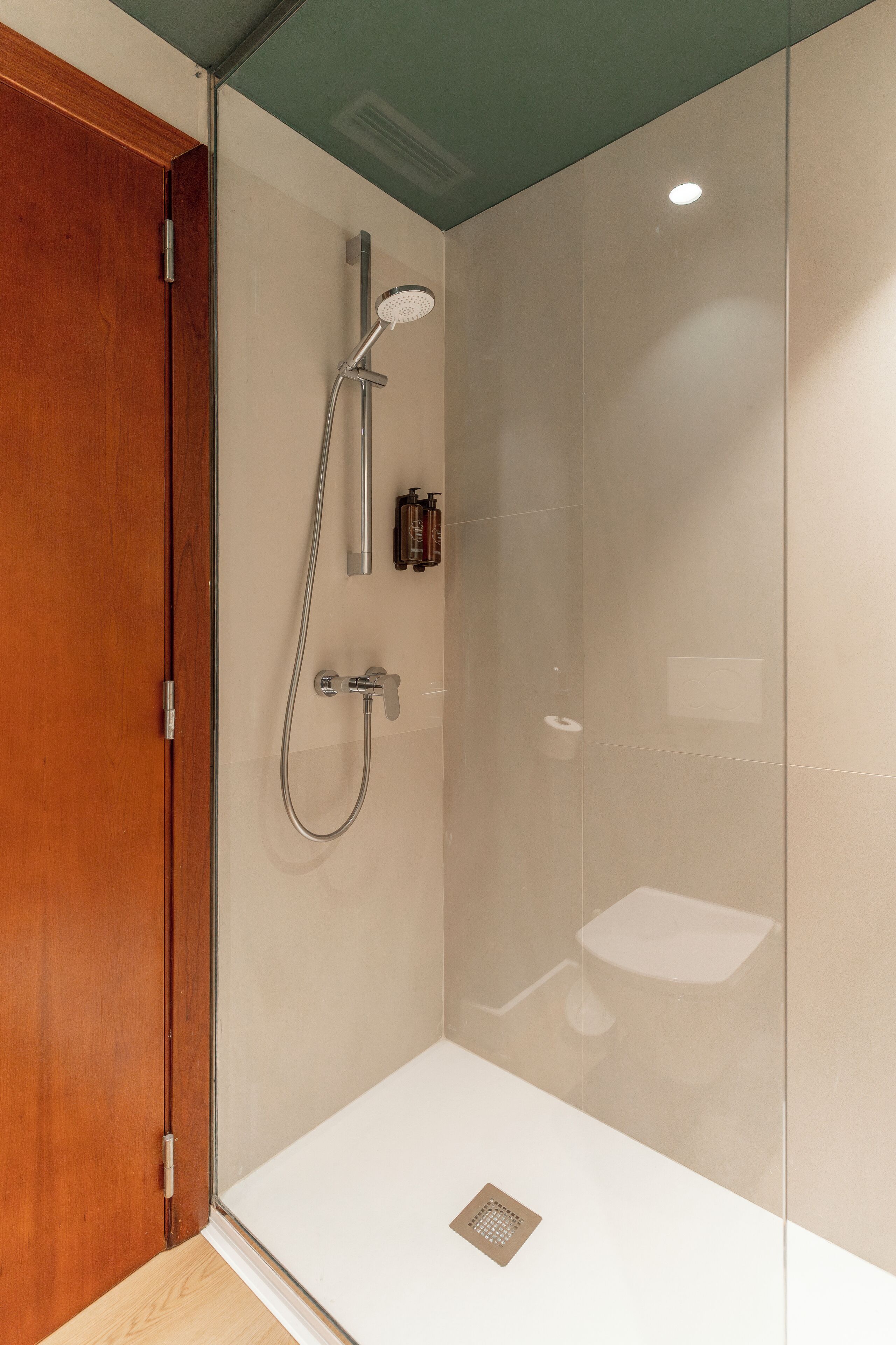 A glass-enclosed shower with a handheld showerhead, a wall-mounted faucet, and a small bottle of shampoo.