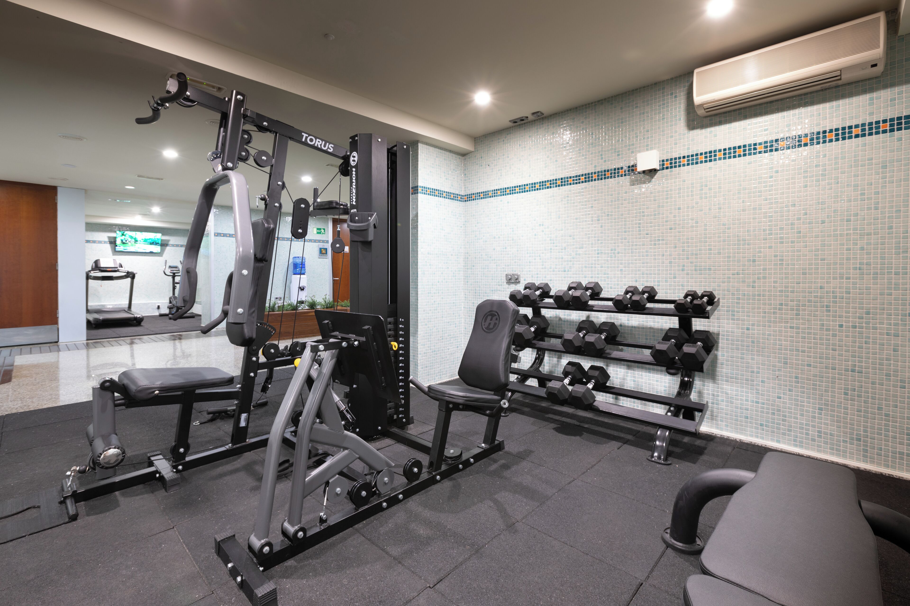 Un gimnasio con equipo de levantamiento de pesas, bancos y una estructura con mancuernas.