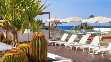 Un área de lounge en la azotea con sillones de sol y sombrillas, rodeada de cactus y palmeras, con vistas a una masa de agua.