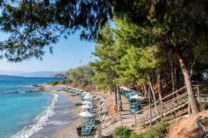On the beach, sun loungers, beach umbrellas, beach towels