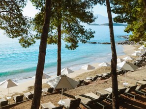 On the beach, sun-loungers, beach umbrellas, beach towels