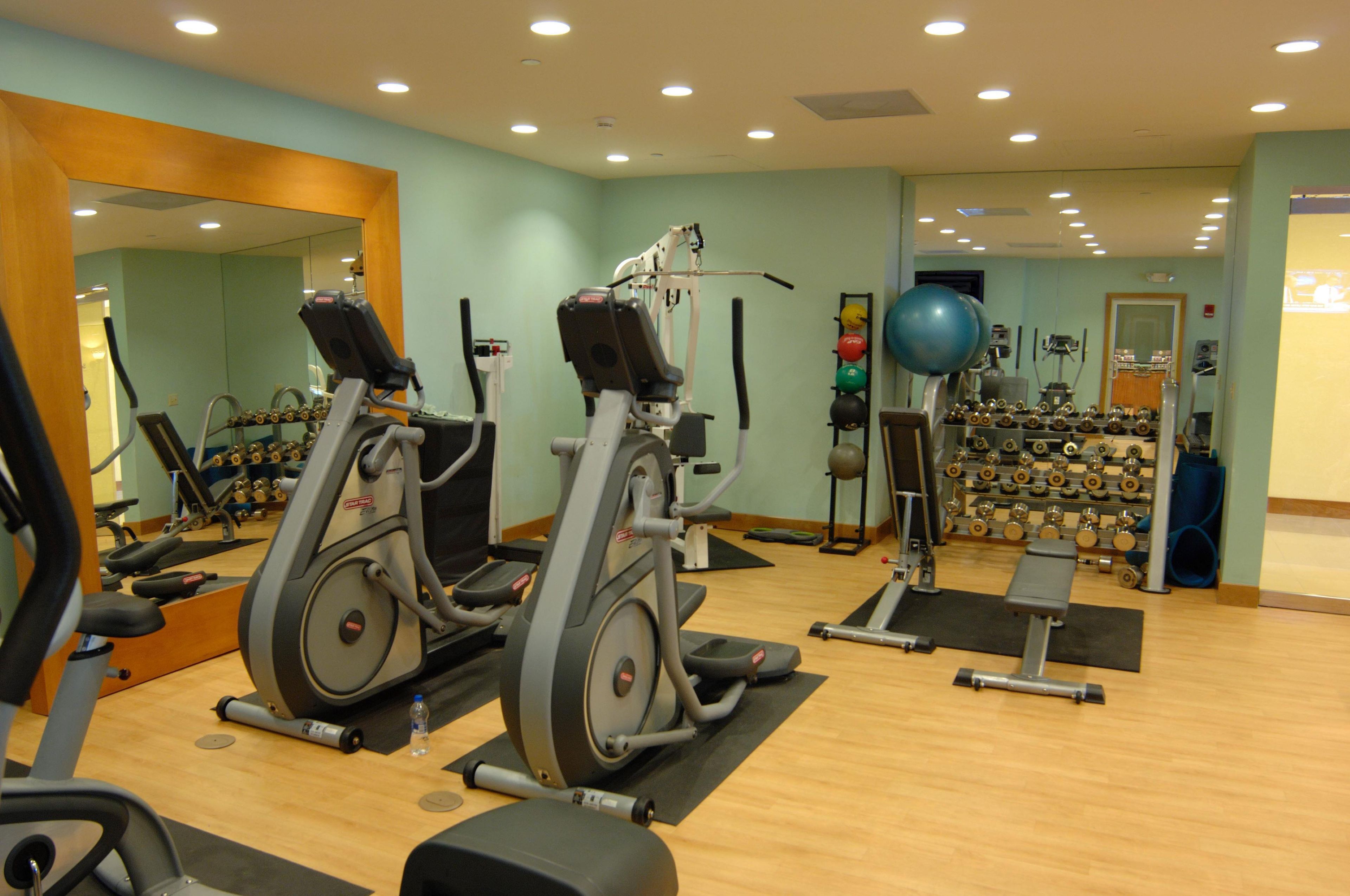 Ein Fitnessstudio mit Trainingsgeräten, darunter Laufbänder und ein Rudergerät.