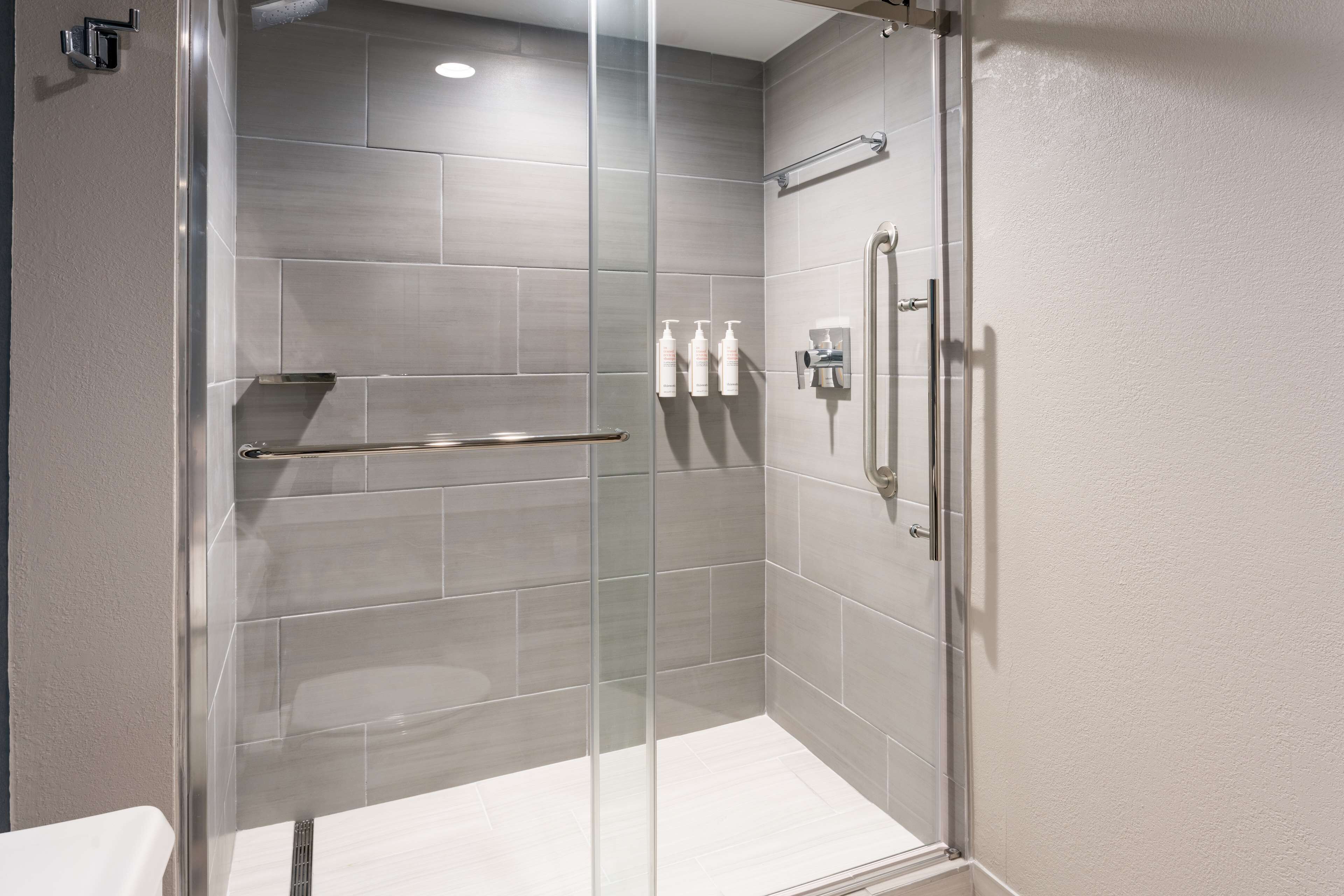A modern shower with glass doors, a towel rack, and toiletries on the wall.