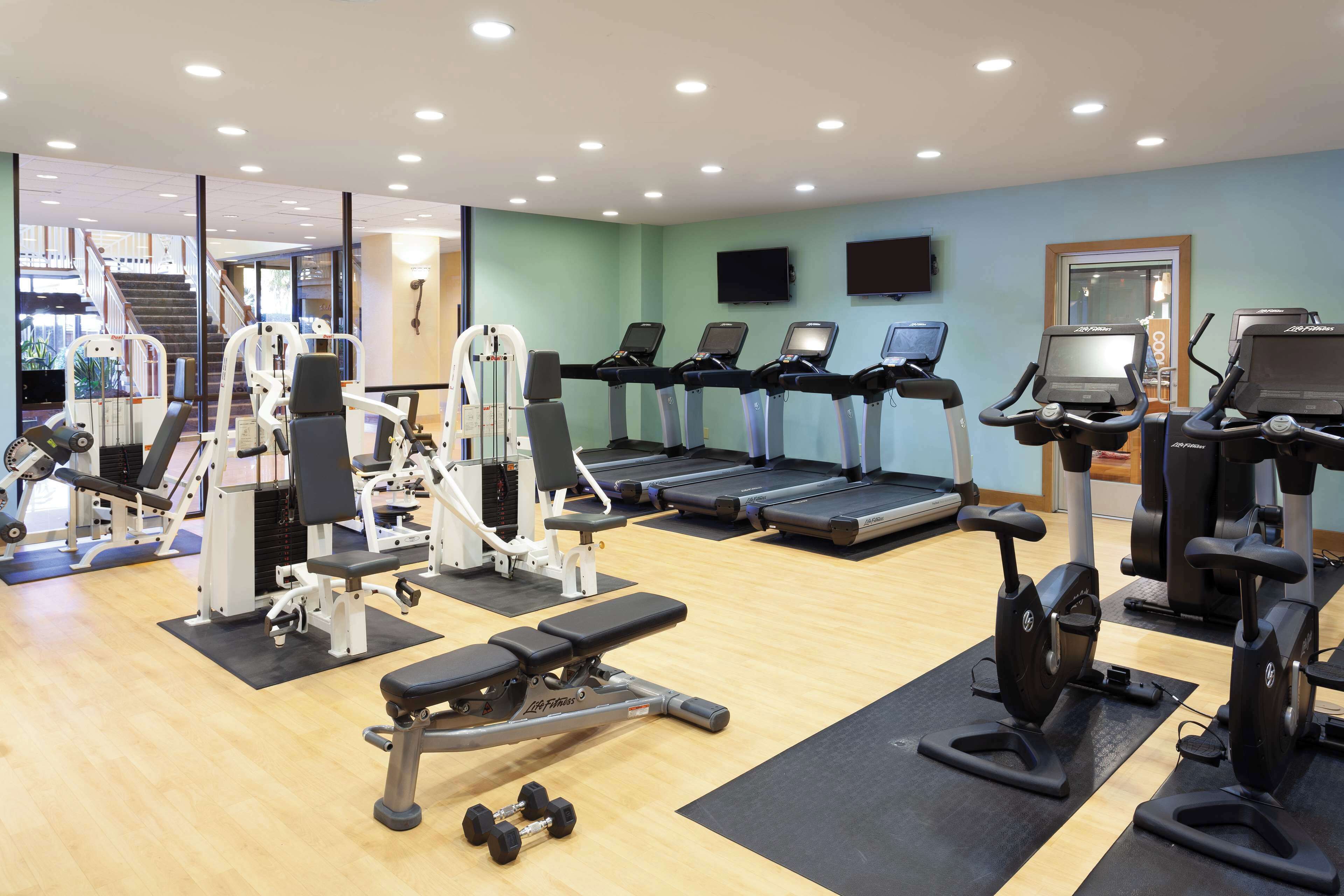 A gym with treadmills, weight machines, and dumbbells.