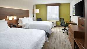 A hotel room with two beds, a desk, a chair, a TV, and a window with a city view. - Holiday Inn Express Richmond Downtown by IHG (Richmond)