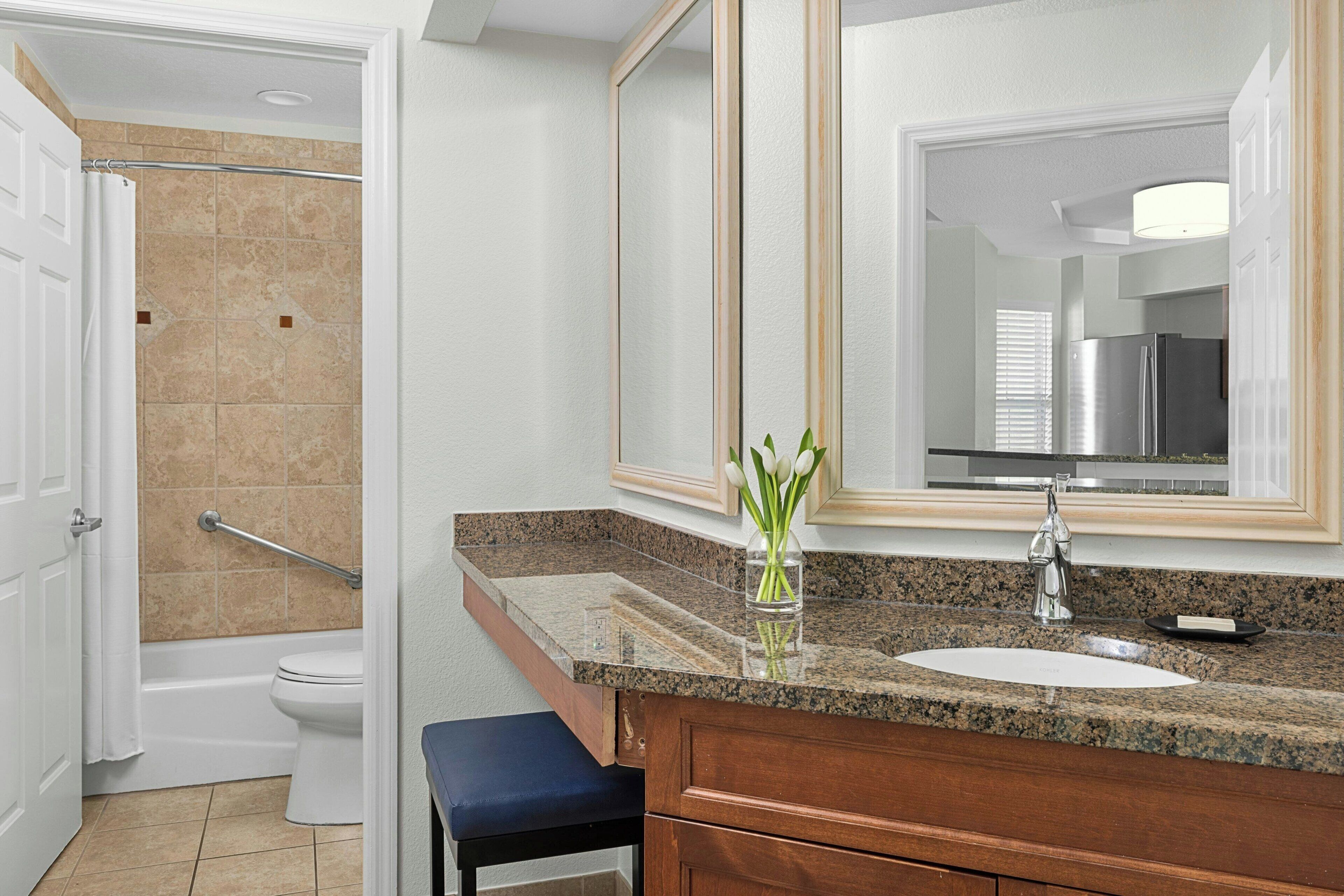 A bathroom with a shower, toilet, vanity, and a large mirror.