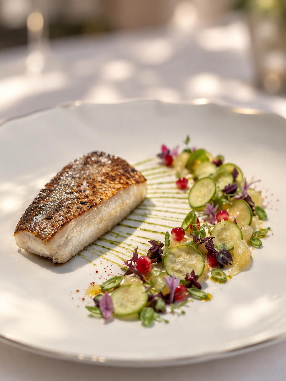 Une assiette blanche contenant un morceau de poisson grillé et une salade composée de tranches de concombre et de fleurs comestibles.