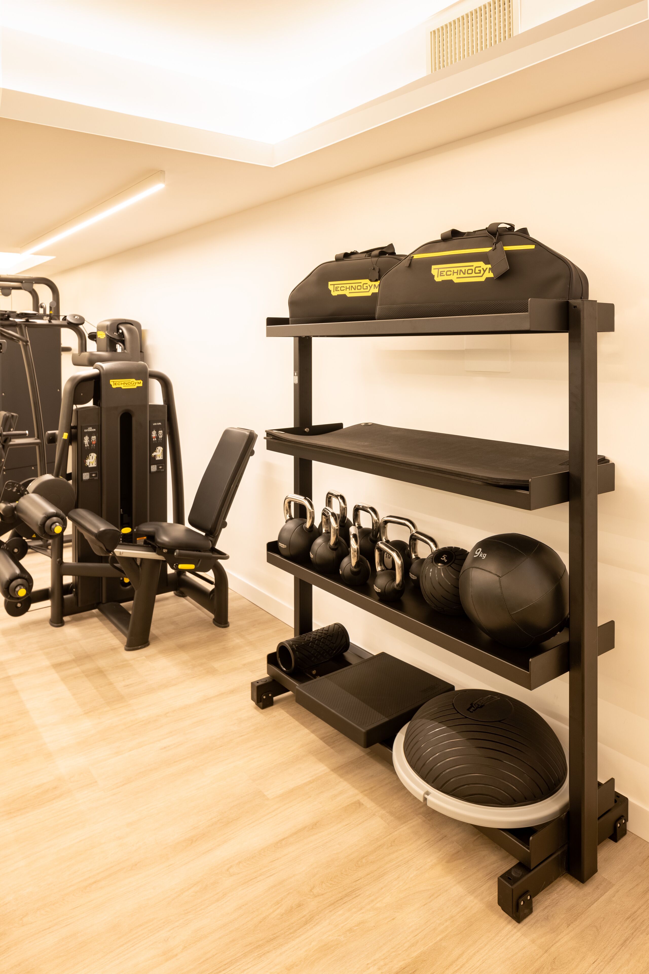A gym with exercise equipment, a bench, kettlebells, and a weight plate on a rack.