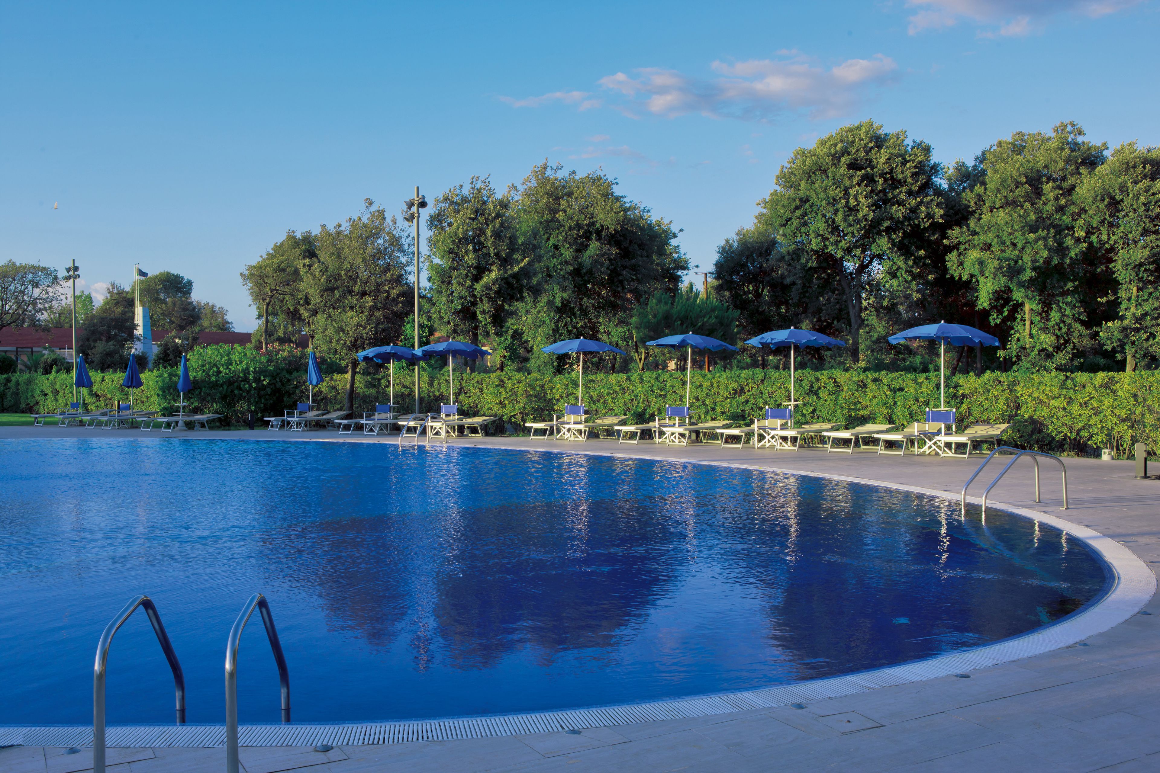 A swimming pool with lounge chairs and umbrellas, surrounded by trees.