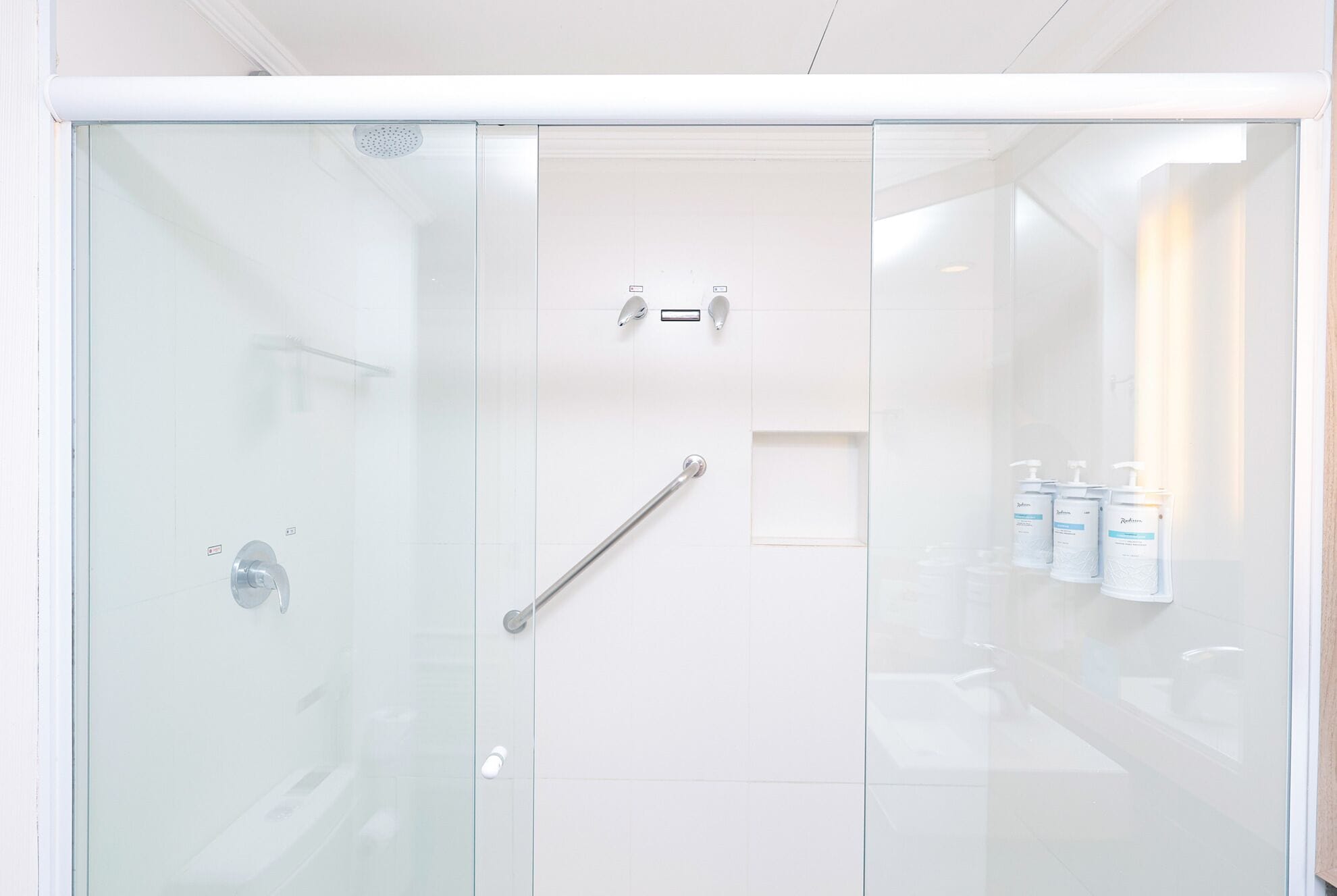 A modern bathroom with a glass shower enclosure, a handrail, and a shelf with toiletries.