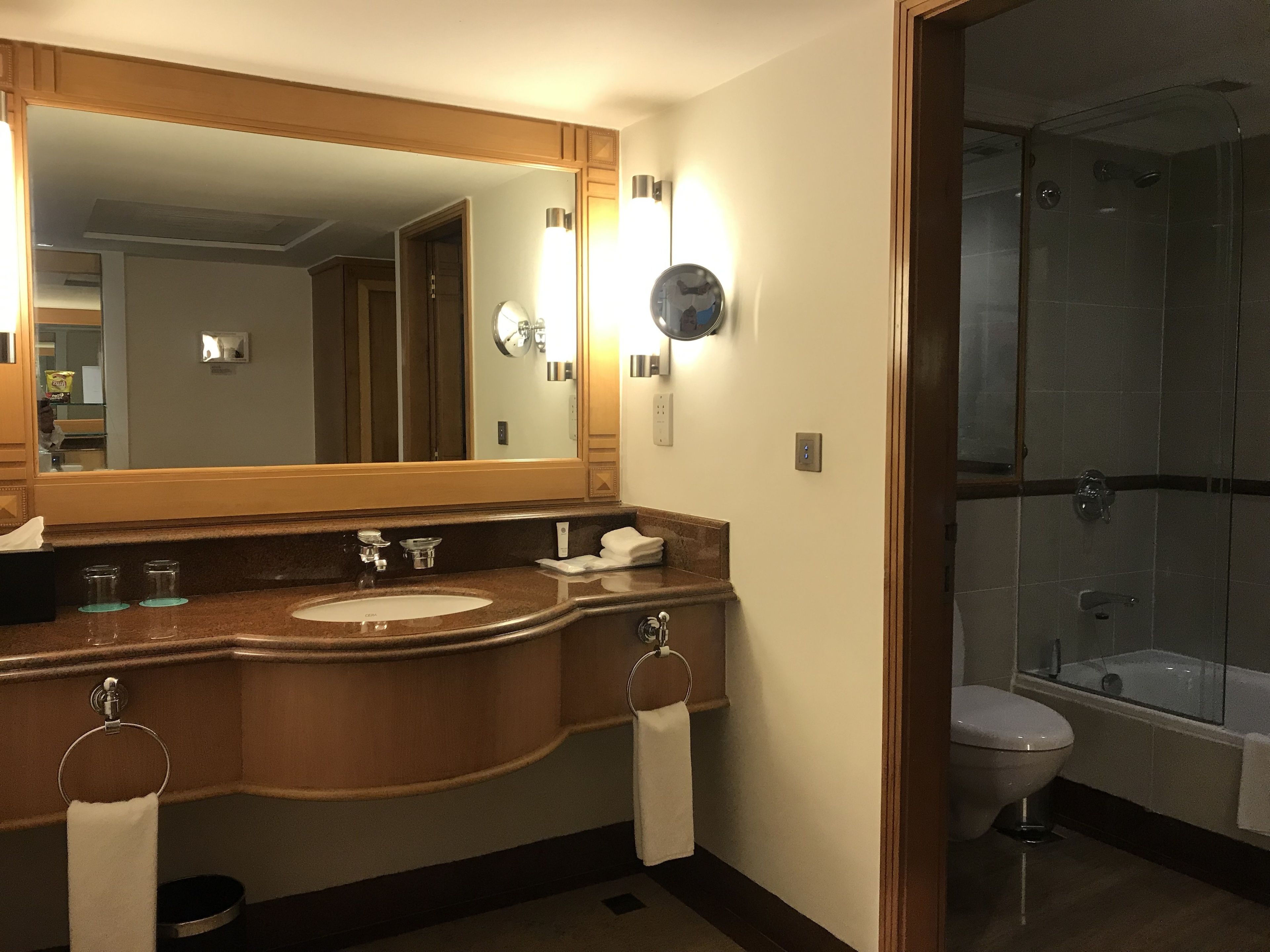 A bathroom with a large mirror, two sinks, a toilet, and a glass-enclosed shower.