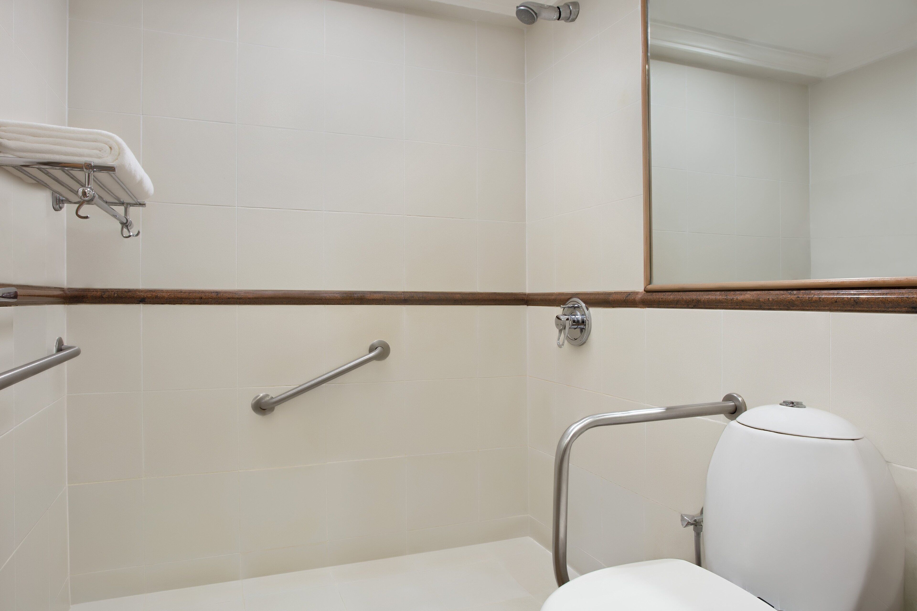 Ein Badezimmer mit weißen Fliesen, einer weißen Toilette, einem Spiegel und einem Handtuchhalter.