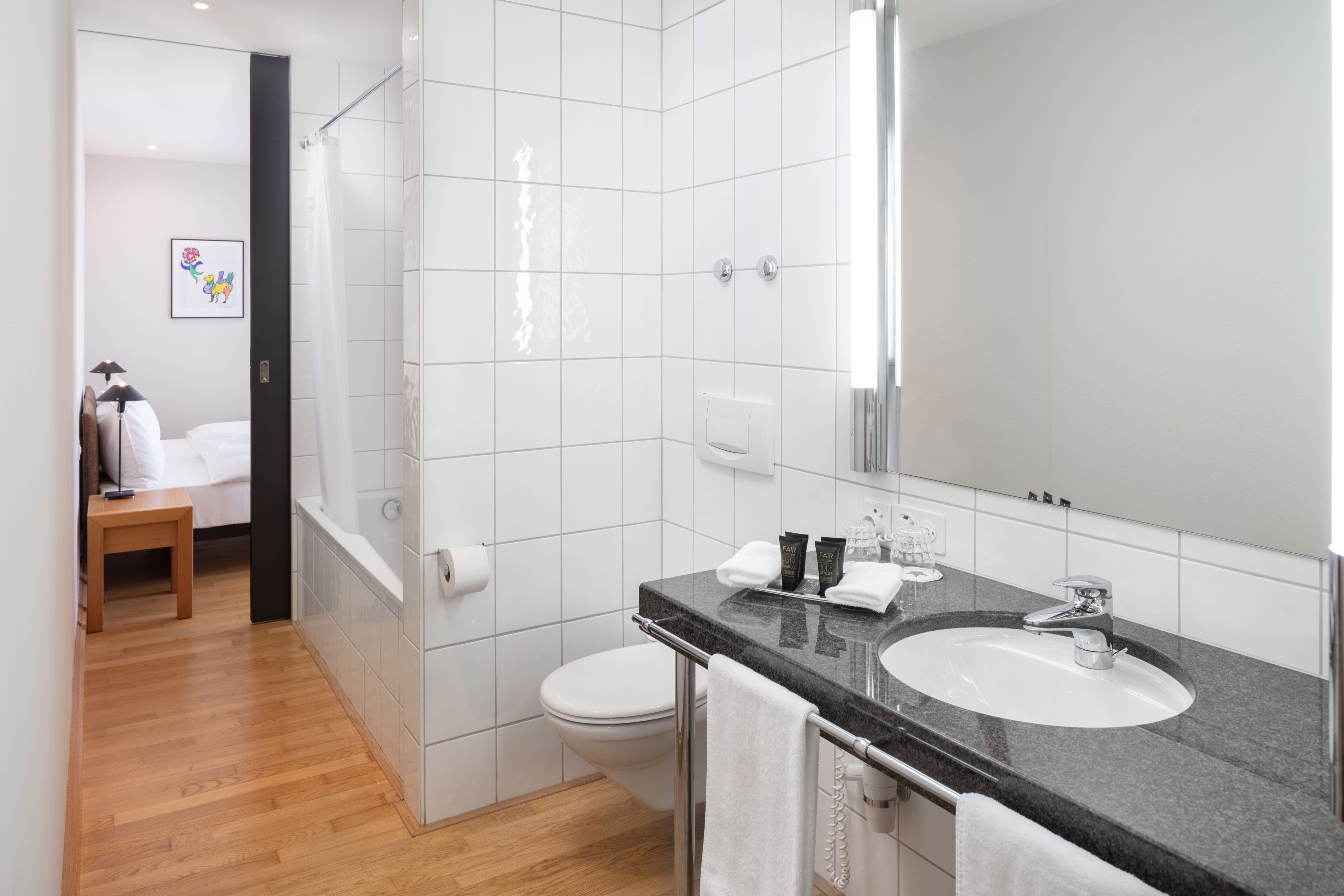 superior studio | bathroom | hair dryer, towels