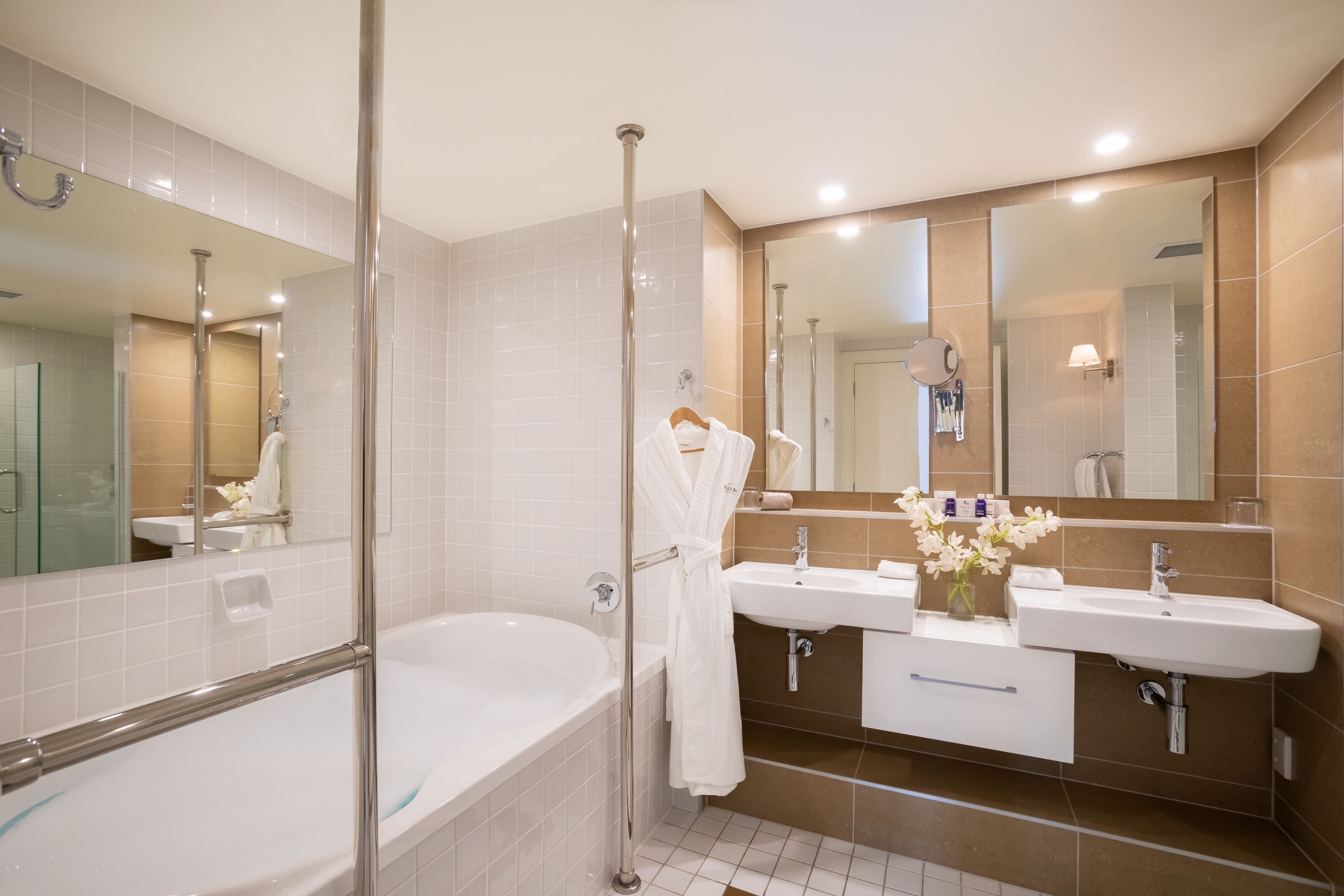 eco-friendly toiletries, hair dryer, bathrobes, heated floors