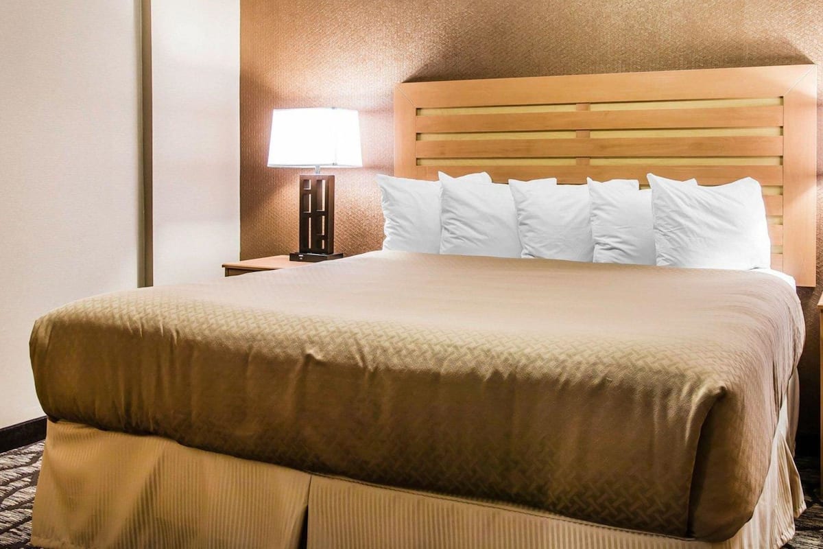 A hotel room with a large bed, a wooden headboard, a nightstand with a lamp, and a textured wall.
