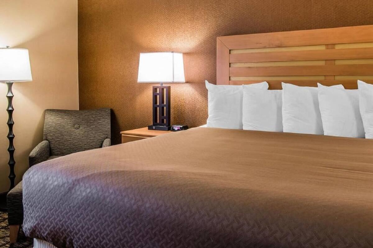 Down comforters, desk, blackout drapes, iron/ironing board