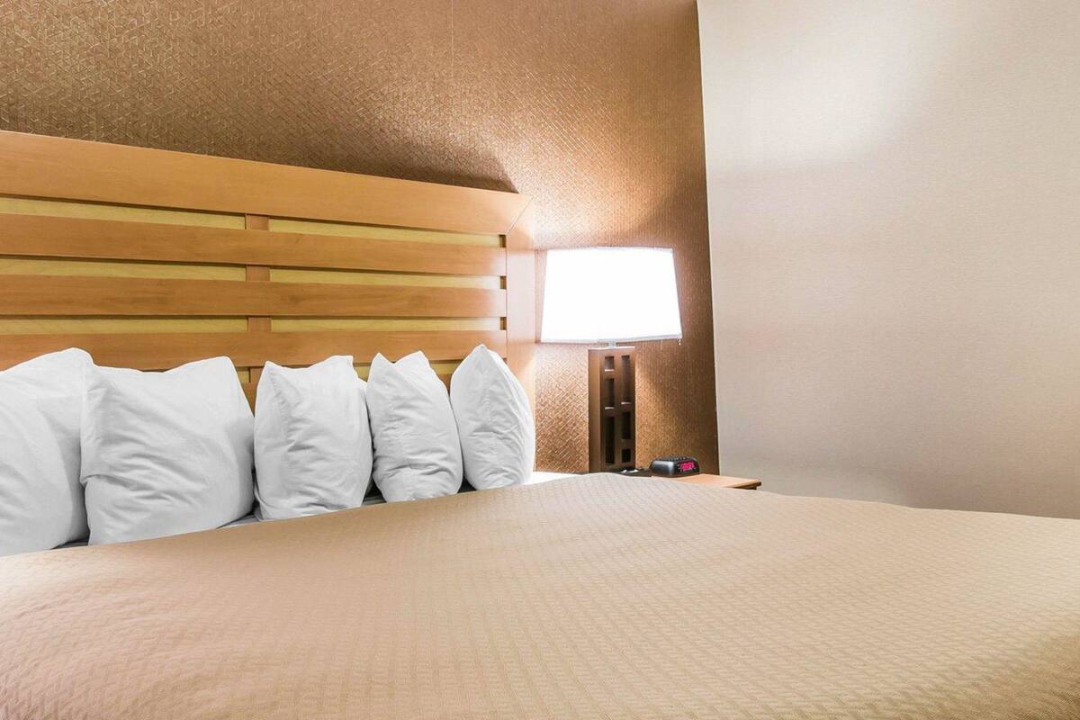 A hotel room with a large bed, a wooden headboard, and a bedside table with a lamp.
