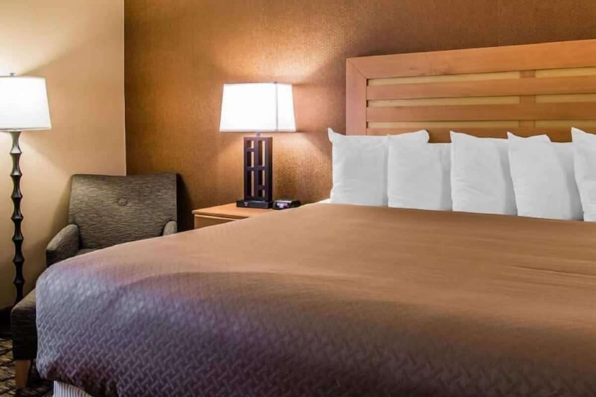 A hotel room with a large bed, a nightstand, a lamp, and a chair.