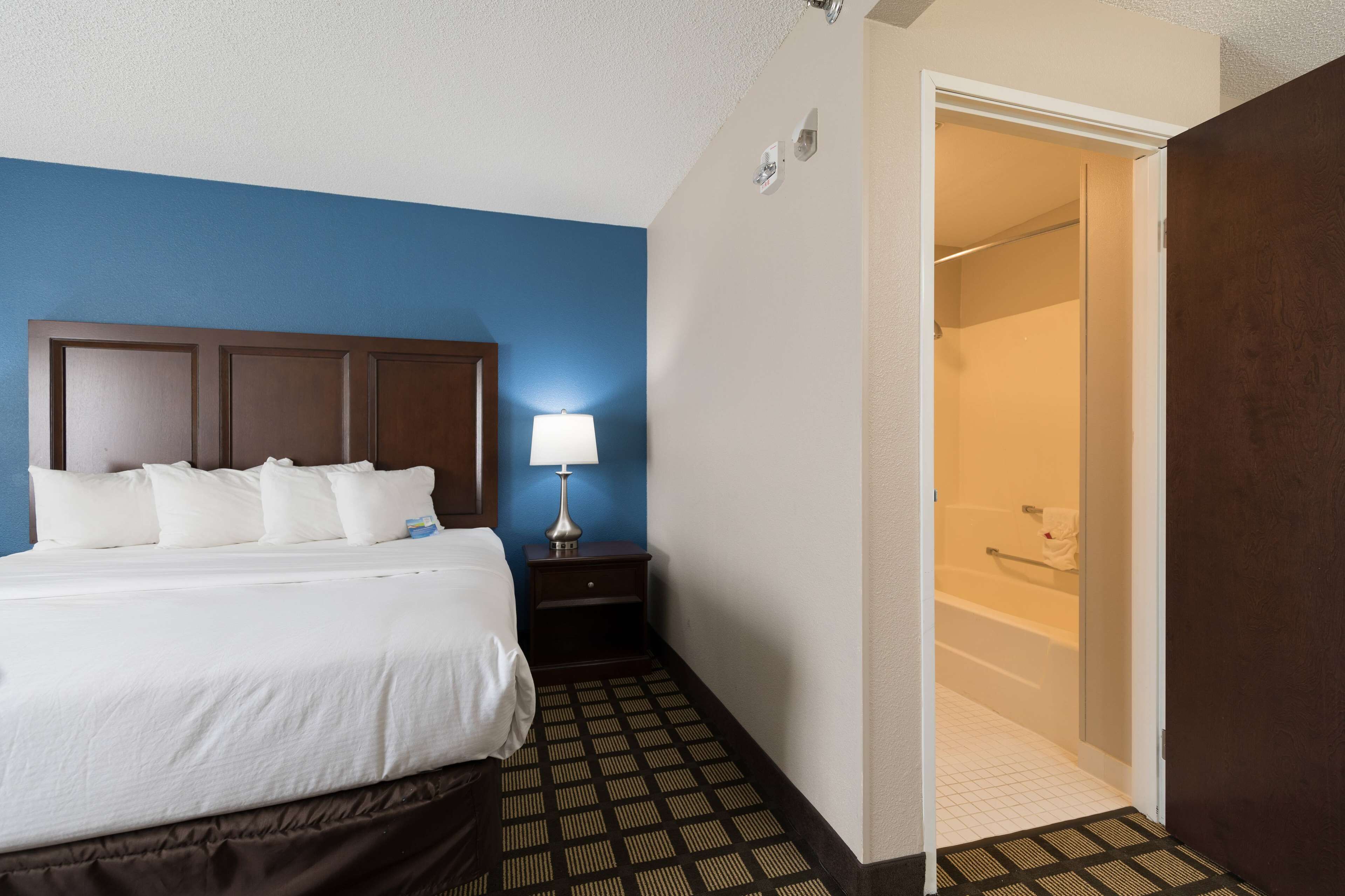 Een hotelkamer met een bed, een nachtkastje met een lamp, een douchegedeelte en een vloer met een patroon.