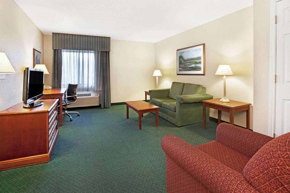 A hotel room with a green carpet, a wooden desk with a TV, a green sofa, a red patterned sofa, two bedside tables with lamps, and a window with curtains.