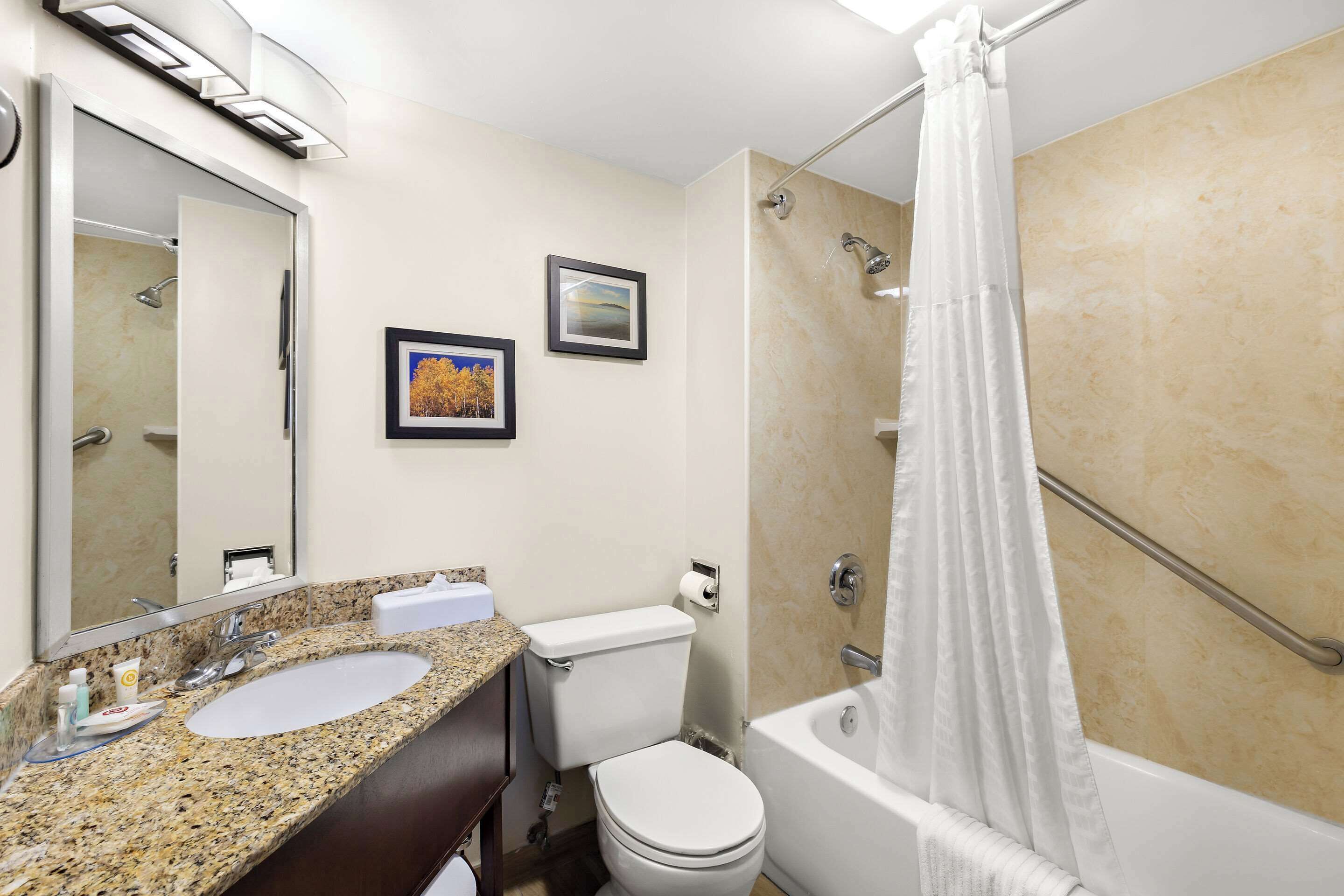 A bathroom with a granite countertop sink, a toilet, a bathtub, and a shower curtain.