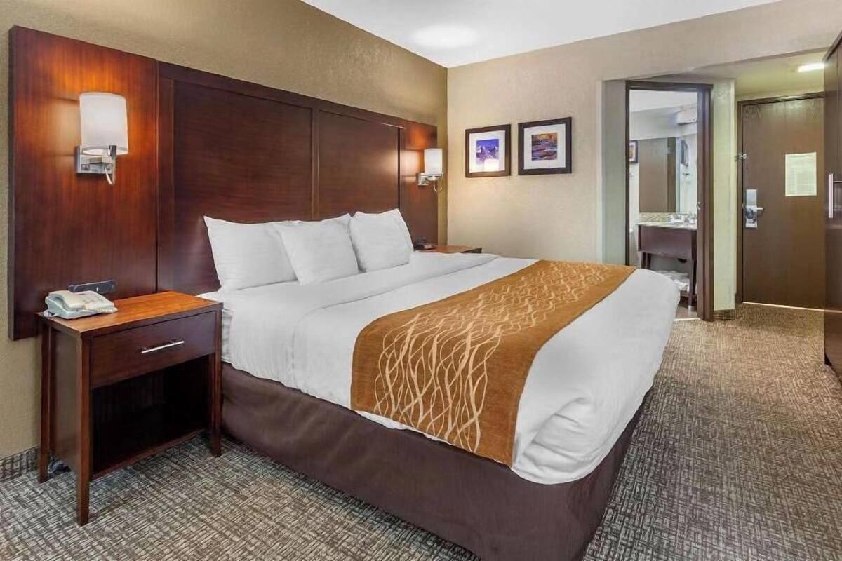 Une chambre d’hôtel avec un grand lit, une table de chevet, une lampe et une porte donnant sur une salle de bain.