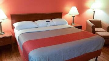 Desk, laptop workspace, free WiFi, bed sheets