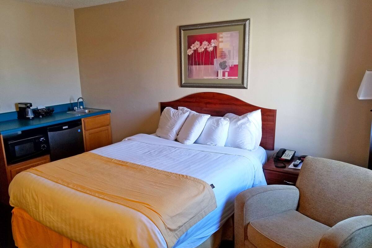 A hotel room with a bed, a chair, a desk with a coffee maker, a telephone, and a framed picture on the wall.