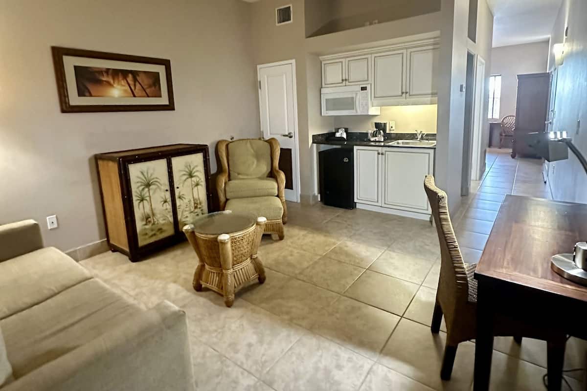 A spacious living room with a sofa, a dining table, and a kitchen in the background.