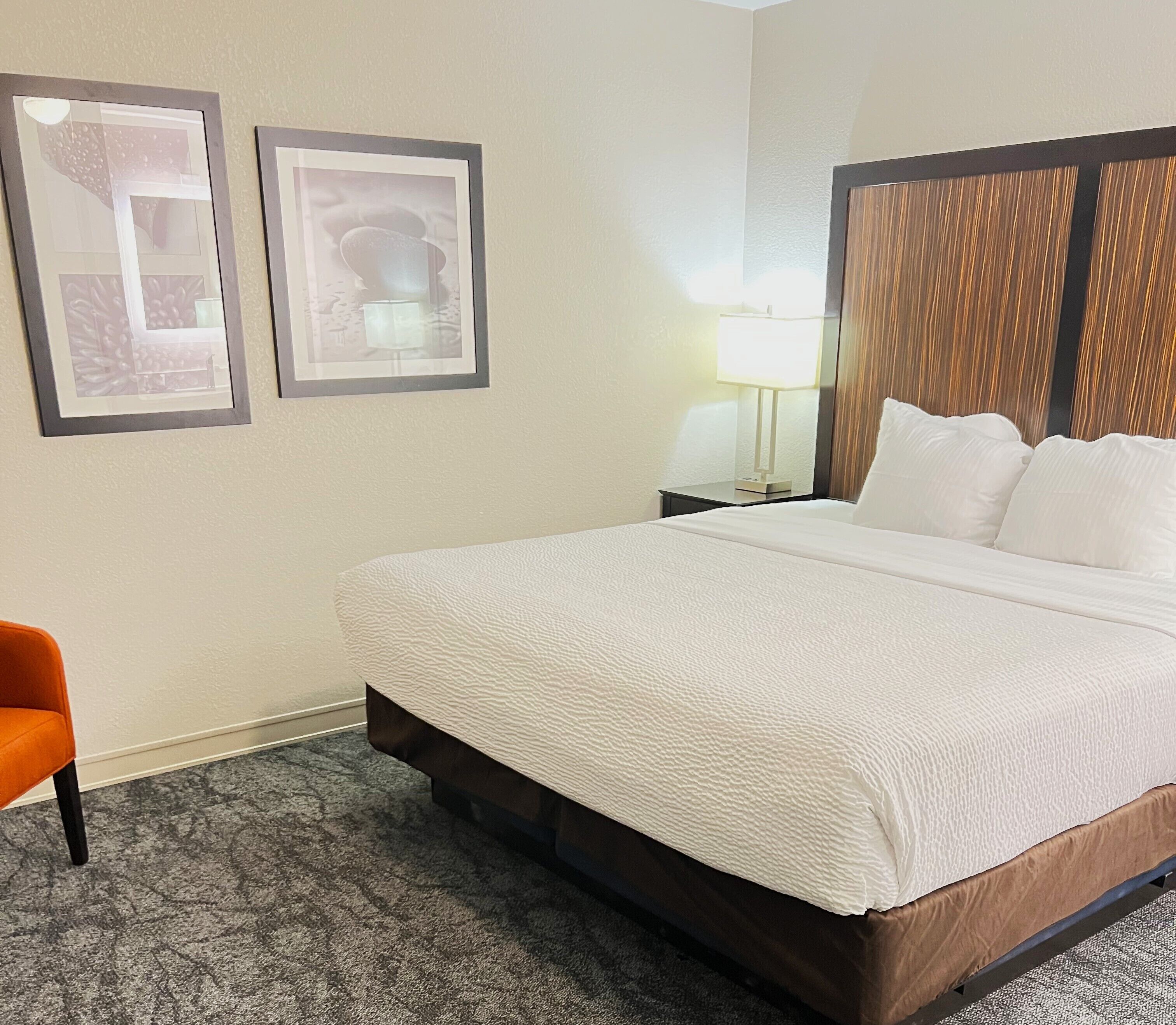 A hotel room with a large bed, a nightstand, a lamp, and two framed pictures on the wall.