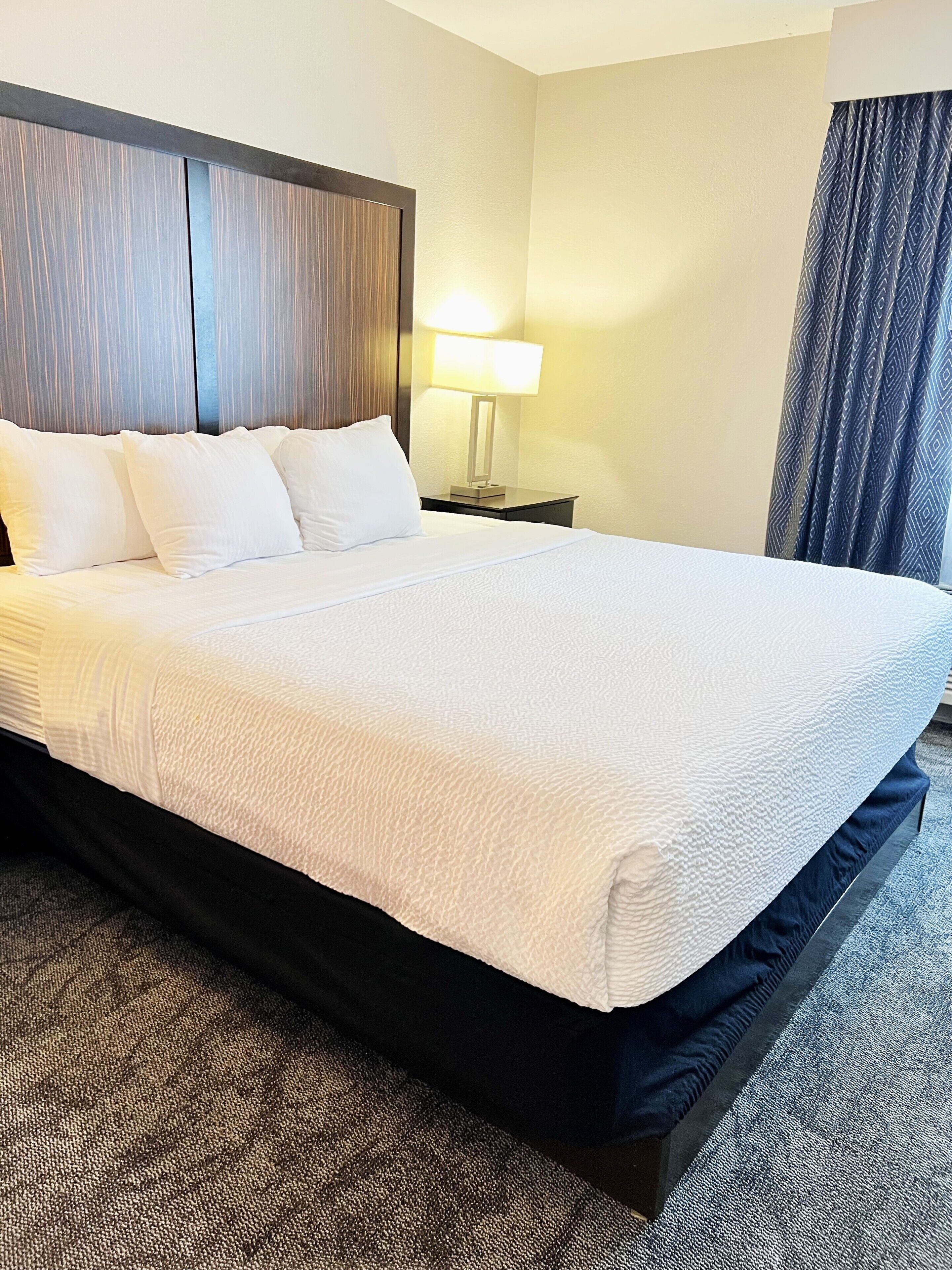 Een hotelkamer met een groot bed, een nachtkastje met een lamp, en uitzicht door een raam.