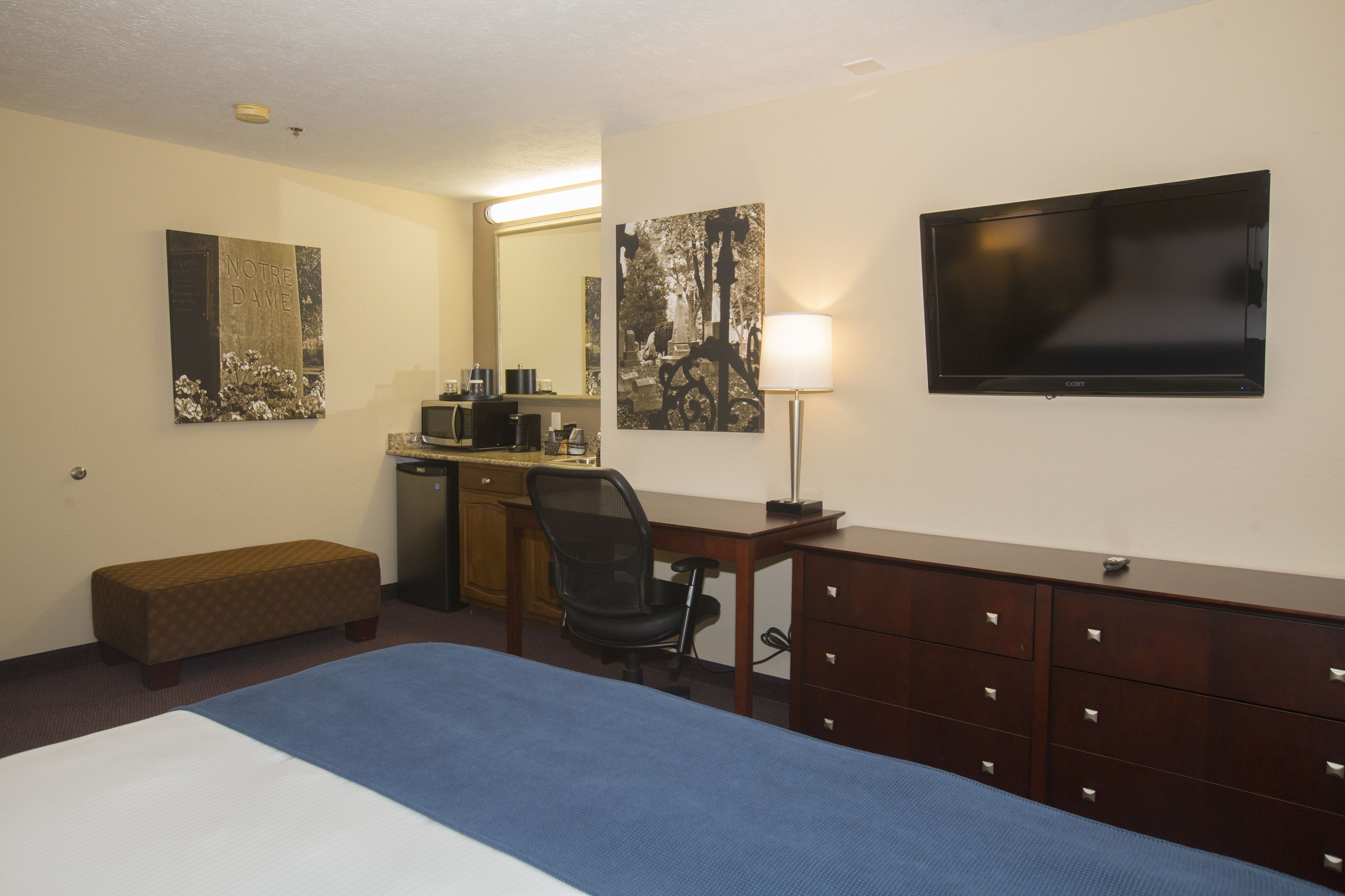 Habitación de hotel con cama, escritorio, silla, cómoda, banco, cafetera, lámpara y televisor de pantalla plana.