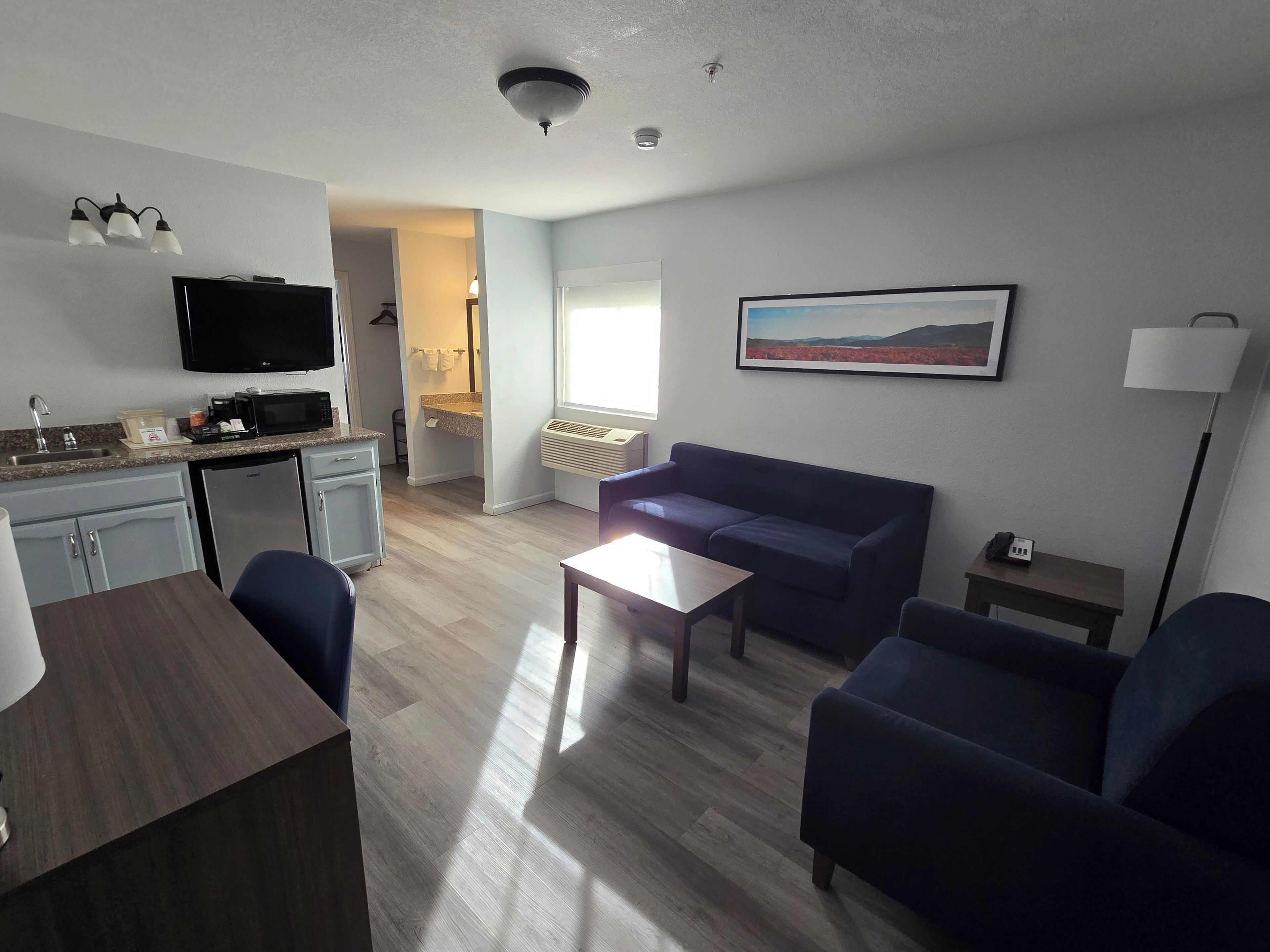 A modern living room with a sofa, a coffee table, and a TV. There is a kitchen area with a microwave and a sink. A painting is on the wall, and a lamp is on a side table.