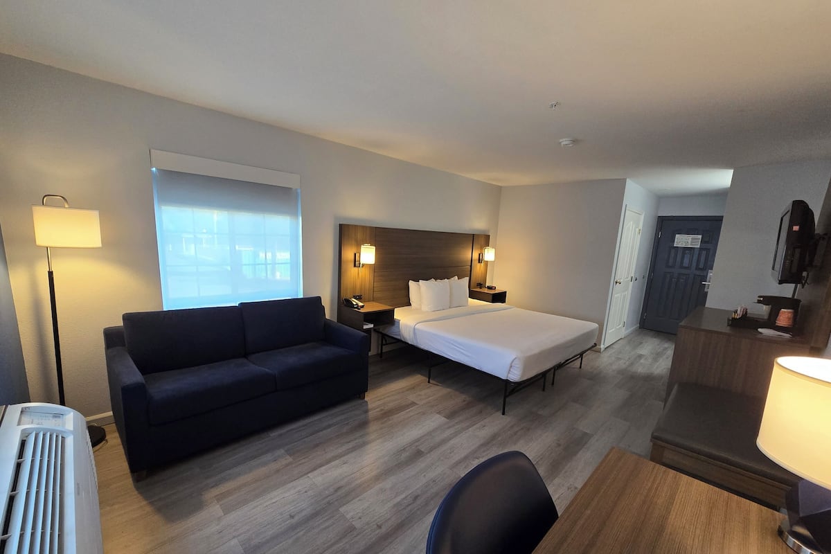 Una habitación de hotel con cama, sofá, escritorio, lámpara y ventana.
