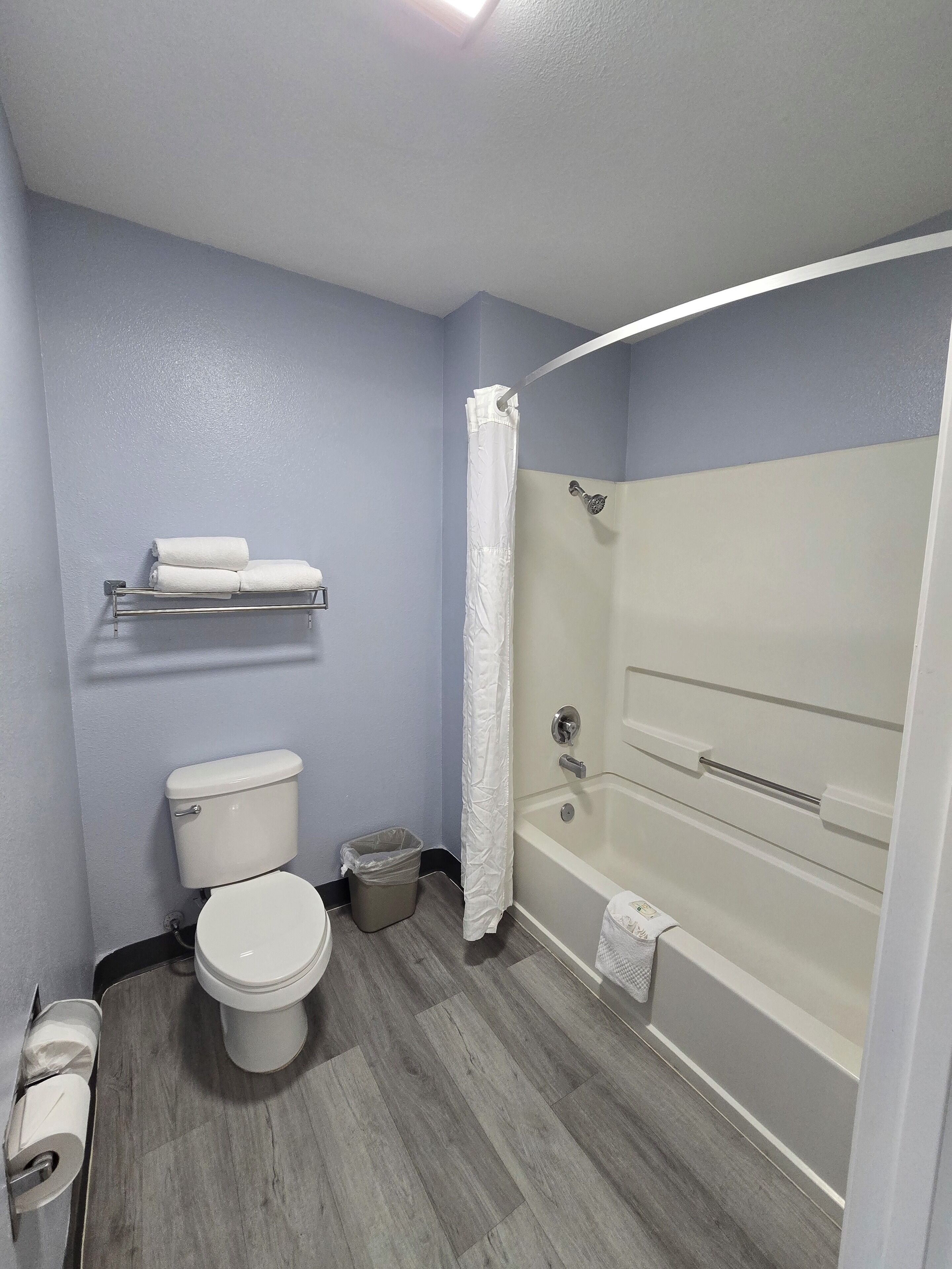 A bathroom with a toilet, a bathtub, and a shower.