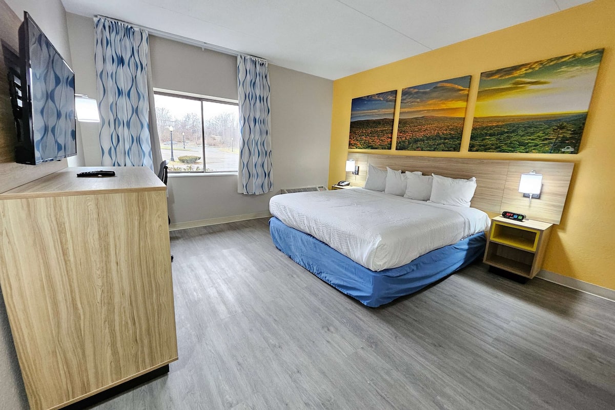 Une chambre d’hôtel avec un lit, une table de chevet, une télévision et une fenêtre avec des rideaux.