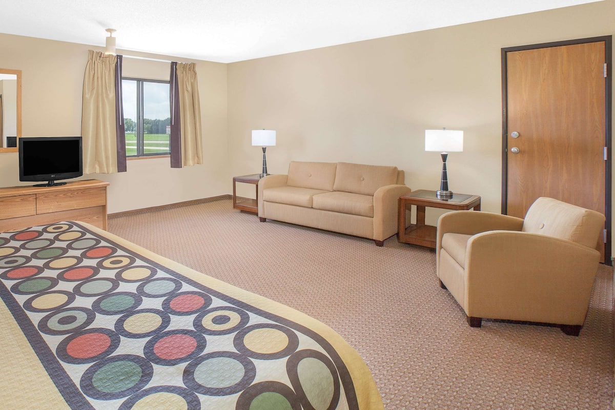 A hotel room with a sofa, armchair, TV, lamps, and a carpet with a circular pattern.