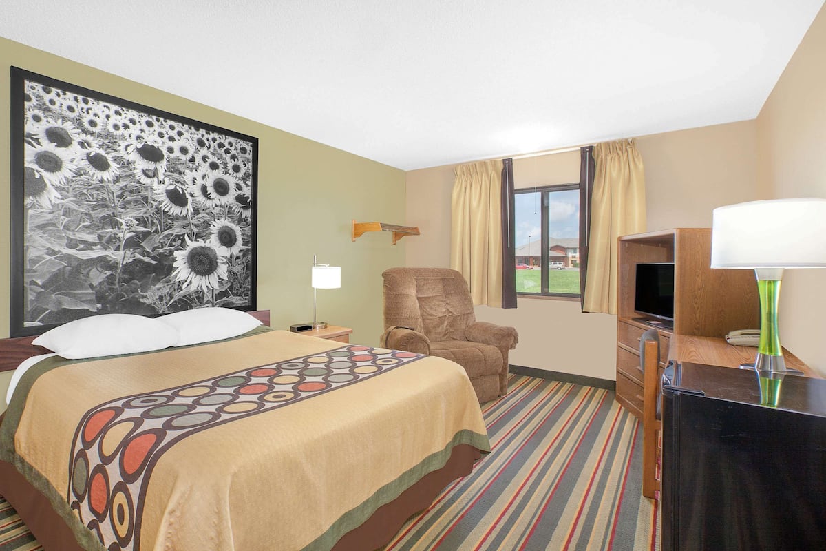 A hotel room with a bed, a chair, a desk, a TV, and a window.