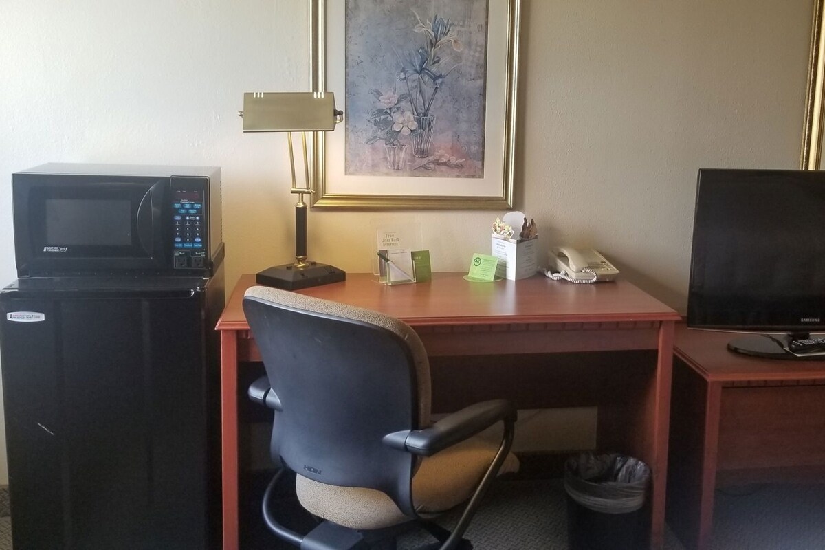 Habitación de hotel con escritorio, monitor de computadora, microondas, silla, basurero, teléfono y un cuadro en la pared.