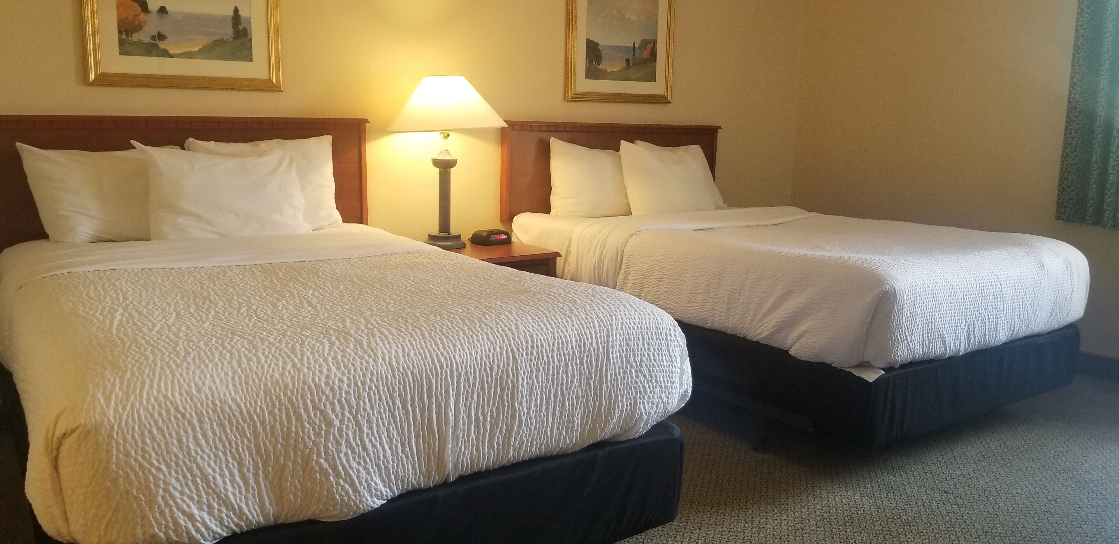 A hotel room with two beds, each with white bedding and a wooden headboard. There is a nightstand with a lamp between the beds.