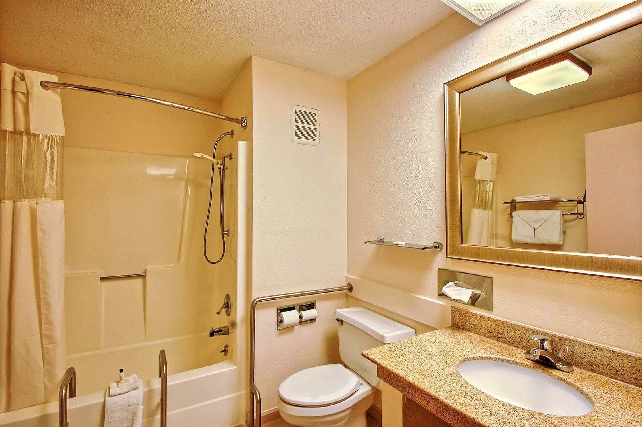 A bathroom with a shower, toilet, sink, and mirror.